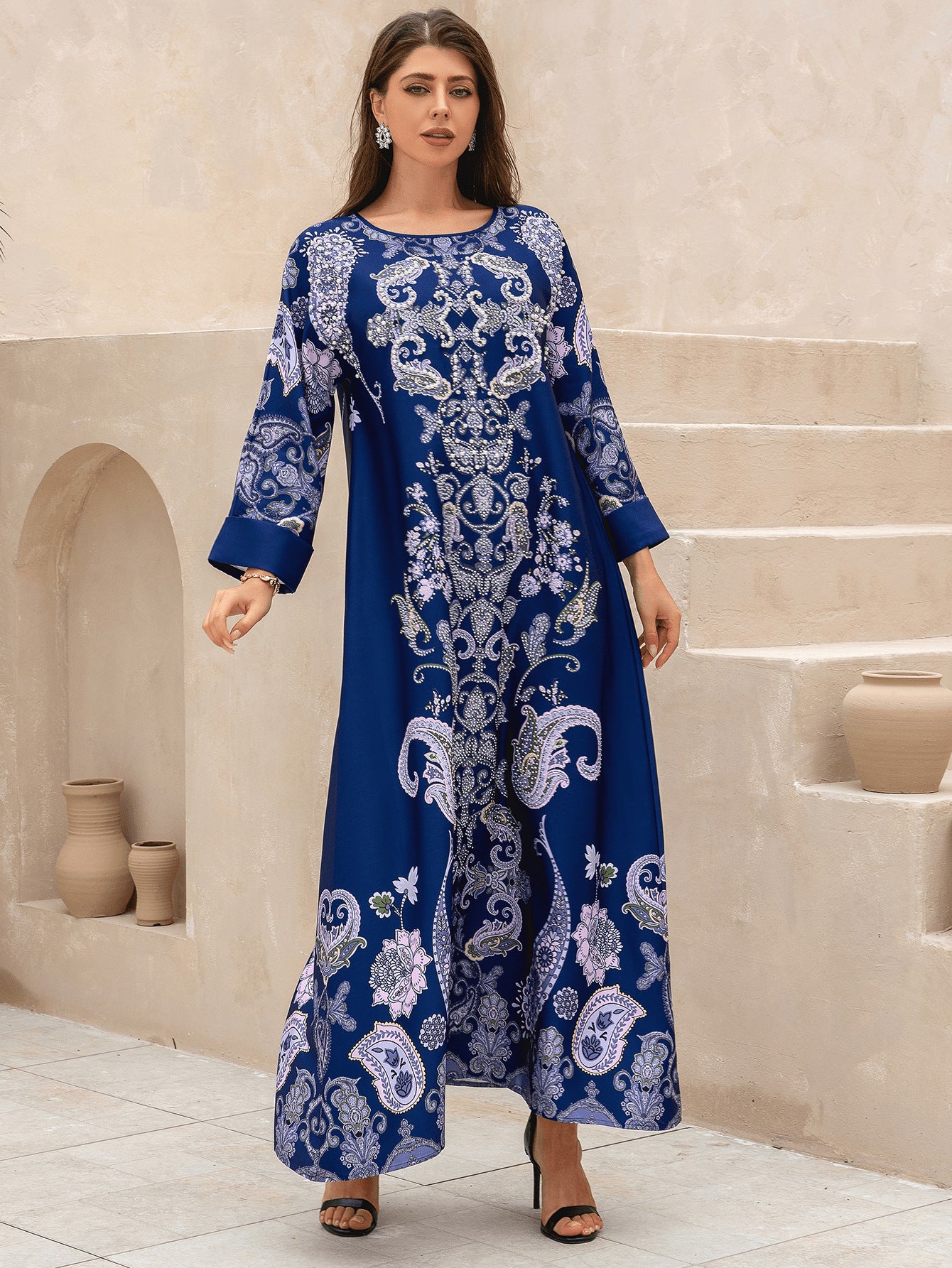 Navy Rhinestone Party Abaya - Printed Evening Robe Plus Size