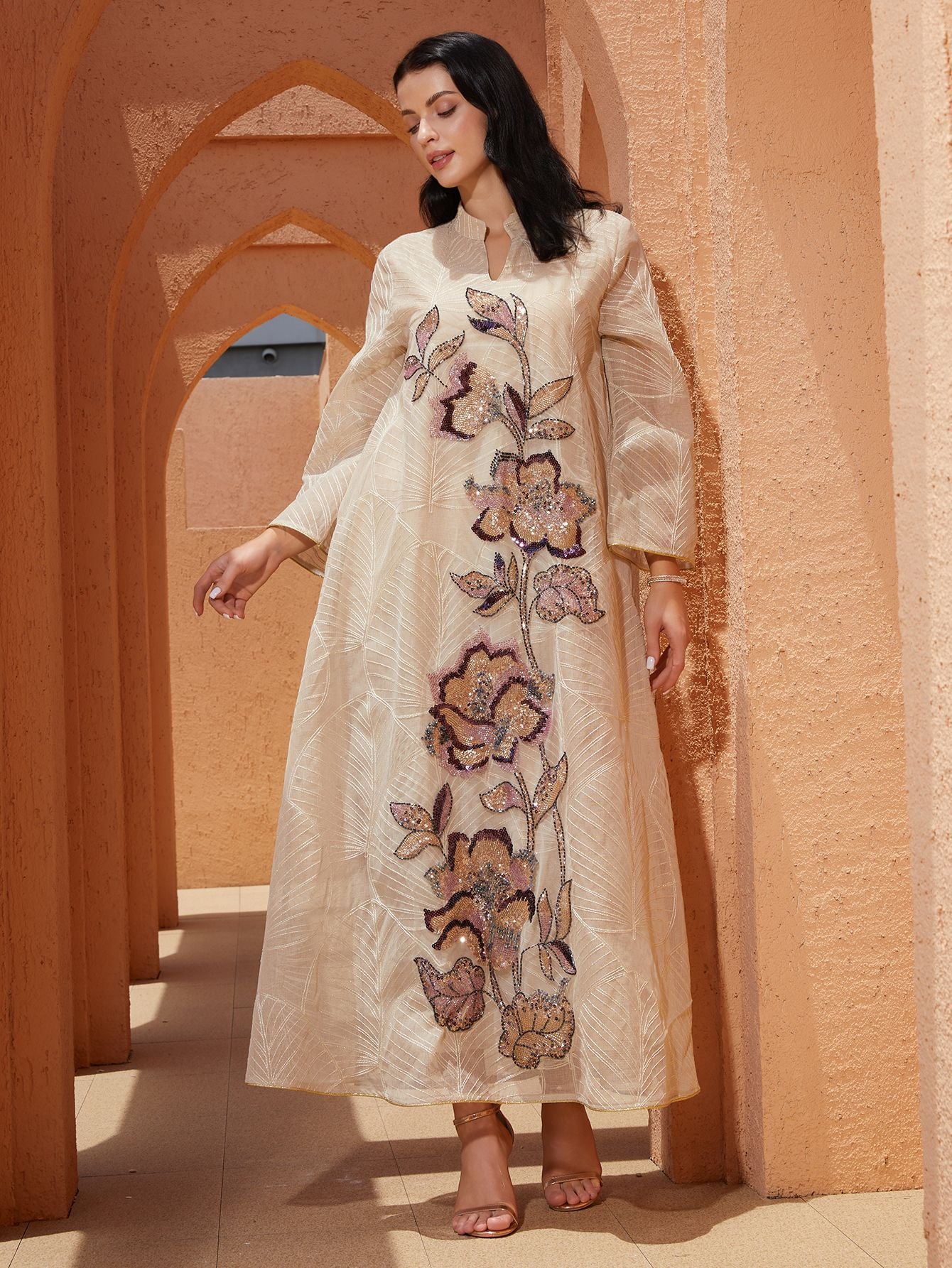 New Style Mesh Embroidered Dress, Ethnic Costume with Heavy Appliqué, Abaya Robe