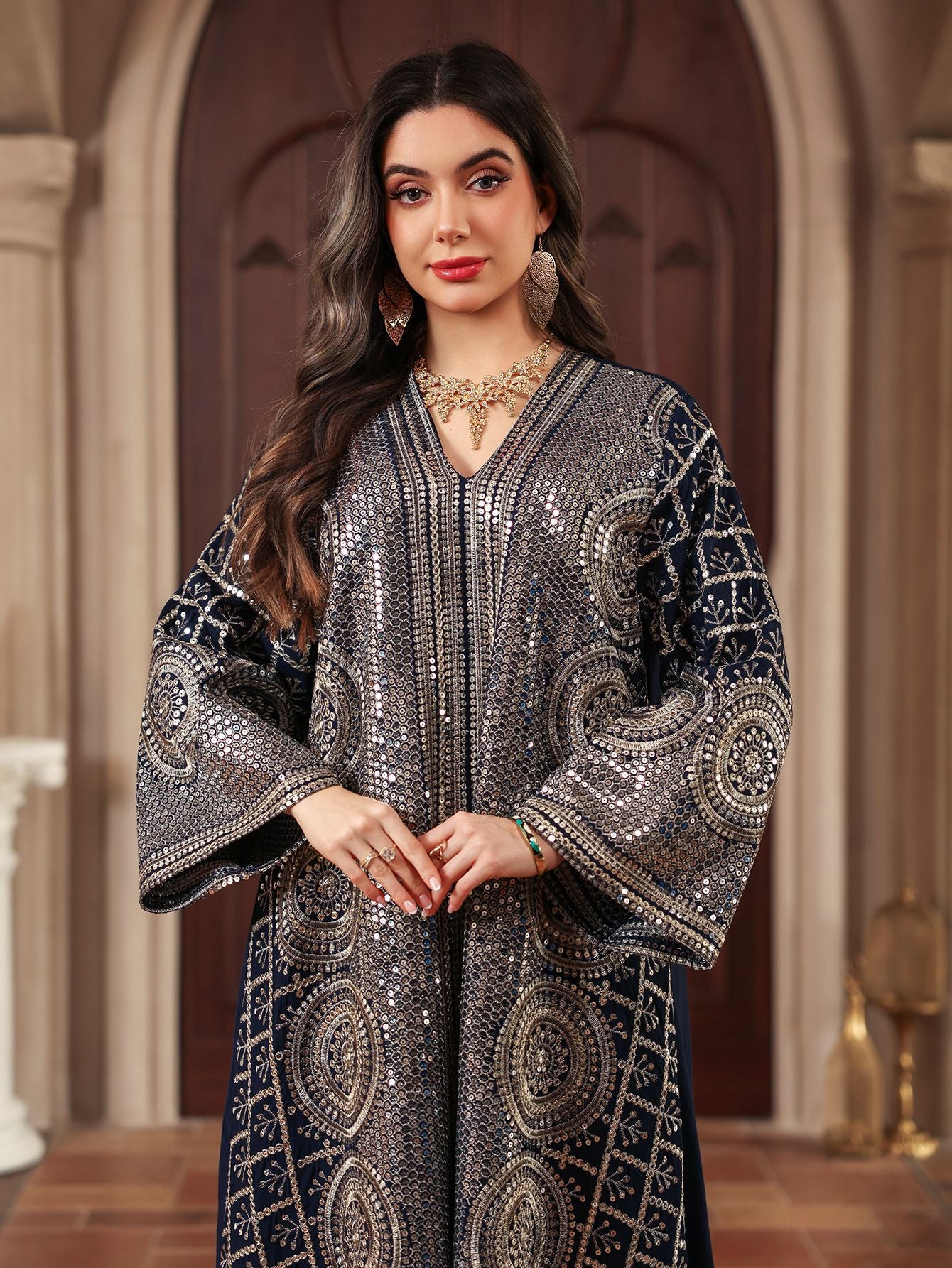 Elegant V Neck Muslim Formal Jalabiya Full Width Circular Sequin Embroidery Relaxed Wide Flare Sleeve Long Glitter Gown 3 Shades All Occasion Eid Holiday Wear