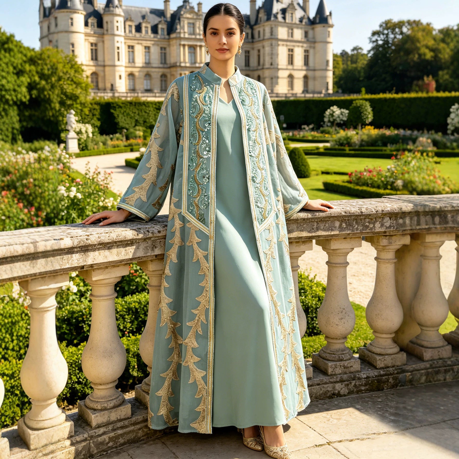 Beaded Sequin Embroidered Two-Piece Set Jalabiya Long Maxi Dress for Eid Ramadan Evening Party Gown S-XXL