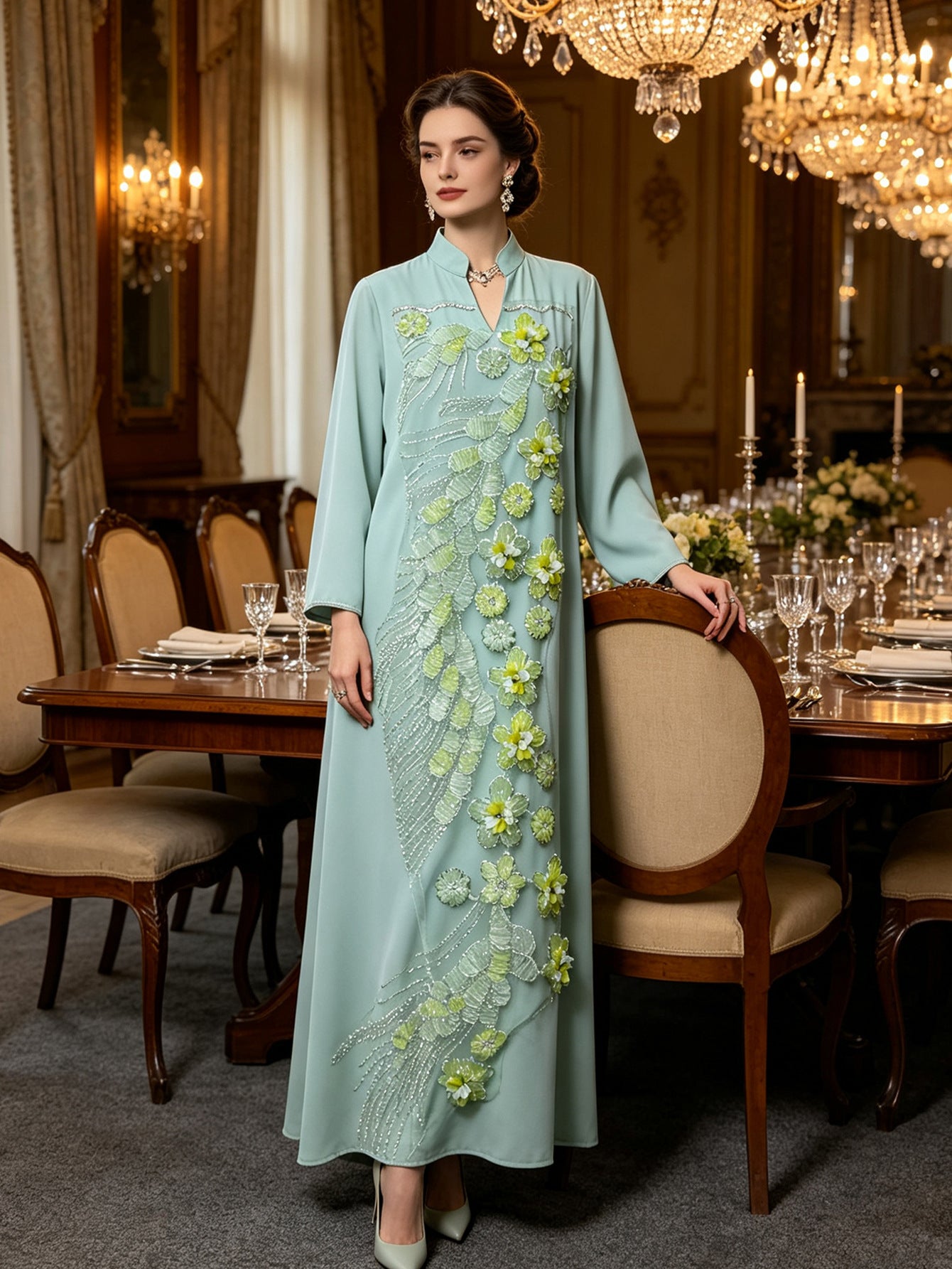 Mint Green Stand Collar Beaded Floral Applique Maxi Abaya Dress Jalabiya Modest Long Dress for Muslim Women Ramadan Prayer Casual Wear S-XXL