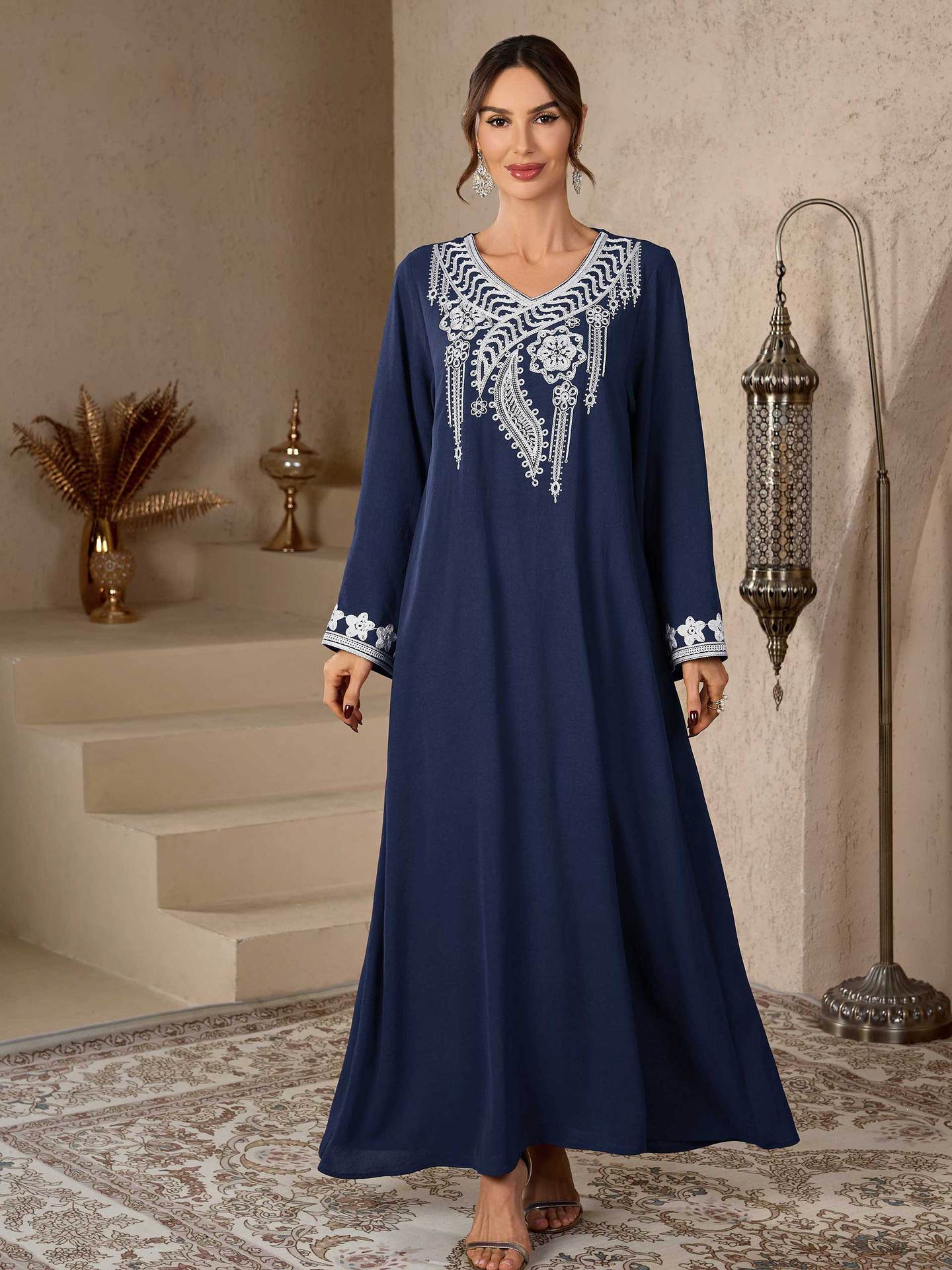 V-Neck Embroidered Kimono Abaya Maxi Dress Muslim Women Modest Long Jalabiya Kaftan Gown for Eid Ramadan Daily