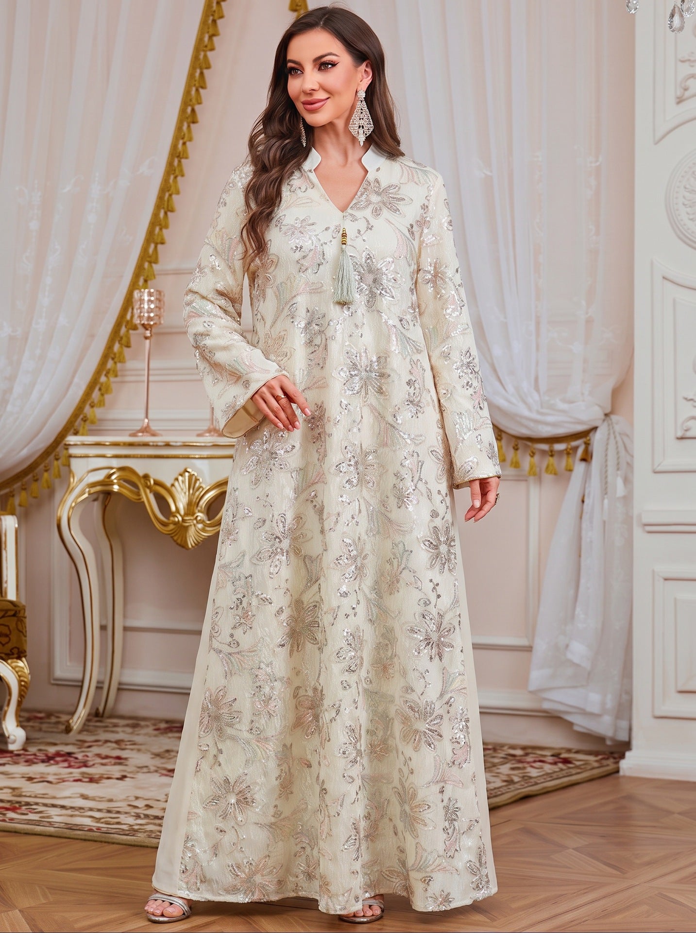 Apricot Pink Light Blue V-Neck Heavy Beaded Embroidered Abaya Maxi Dress
