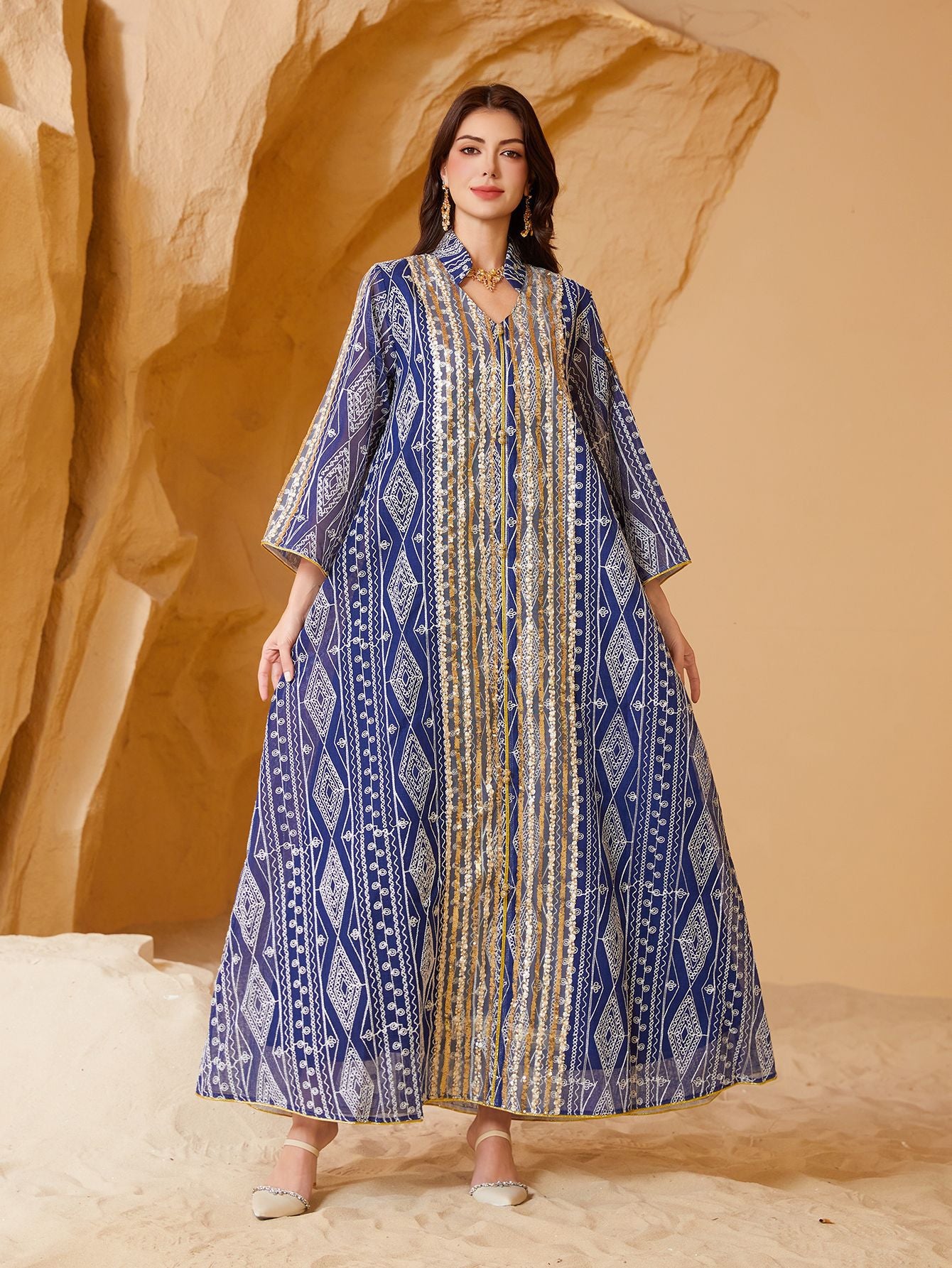 Gold Silver Geometric Line Print Organza Abaya For Women Notch Collar Three Quarter Sleeve Dubai Luxury Loose Muslim Kaftan Modest Maxi Dress For Eid Ramadan Wedding Evening Party 2 Colors