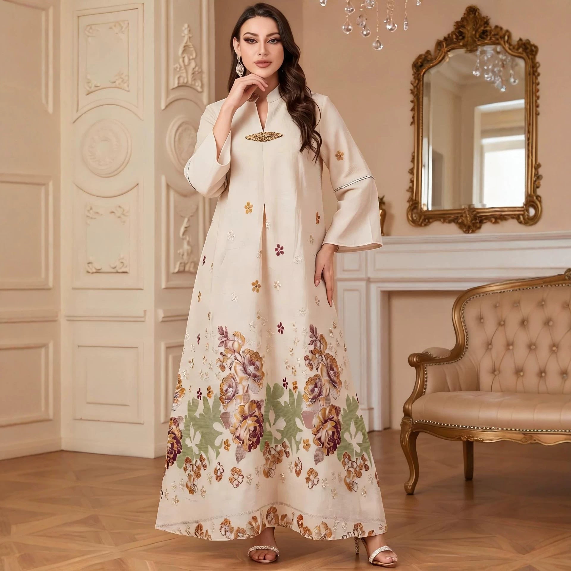 Camel Blue Light Blue V-Neck Rhinestone Embroidered Evening Abaya Dress