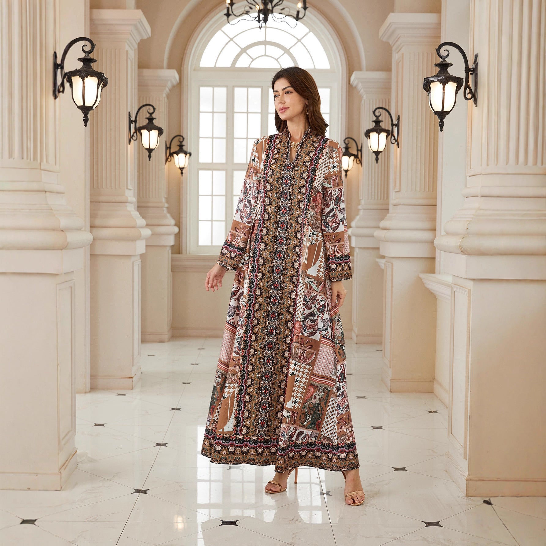 Charming Floral Jalabiya – Rhinestone Embroidered Muslim Maxi Dress