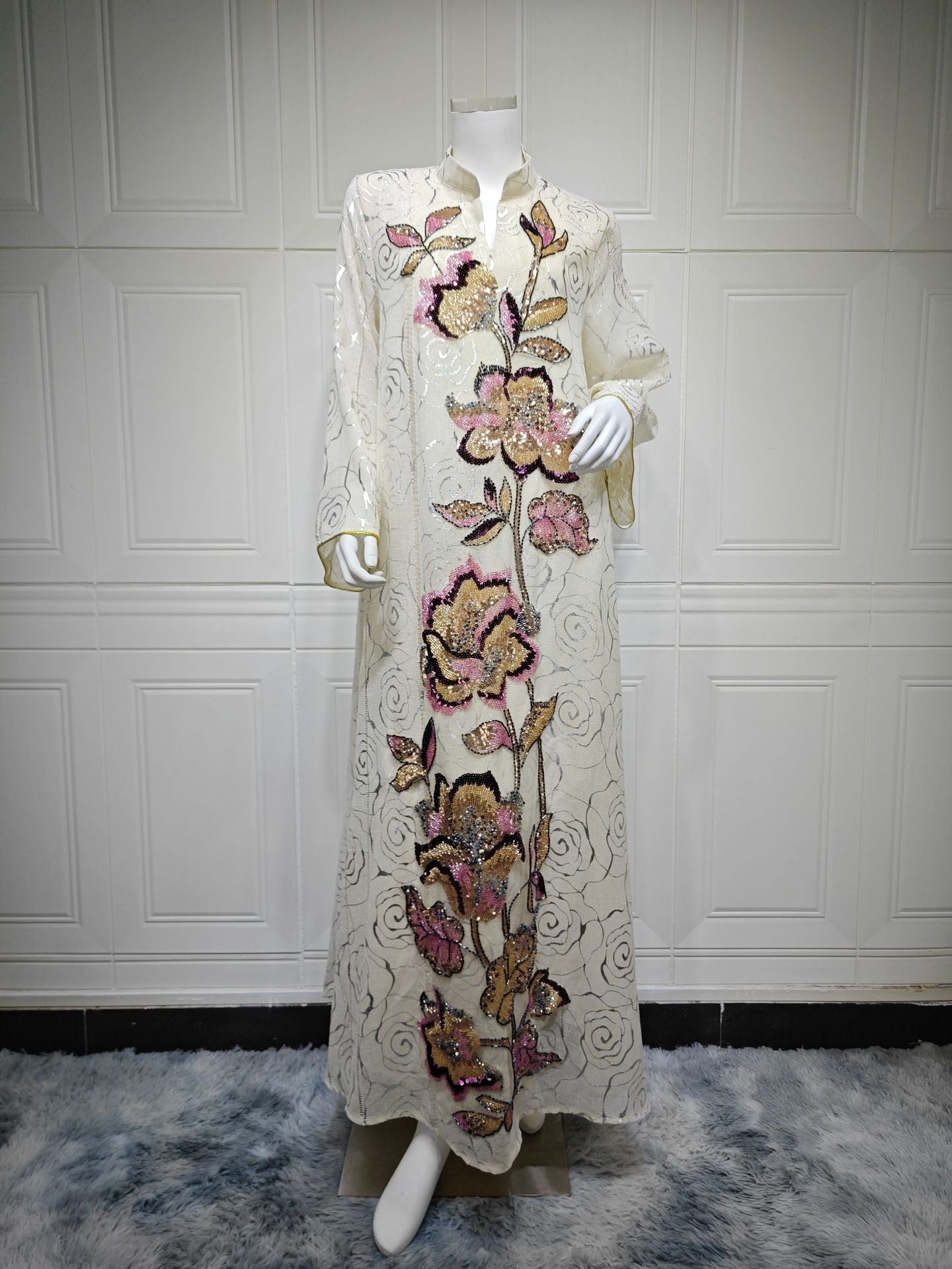Women Stand Collar White Abaya Subtle Rose Jacquard Fabric Vertical Large Floral Sequin Embroidery Loose Wide Sleeve Maxi Kaftan Dress For Wedding Ramadan Formal Gala