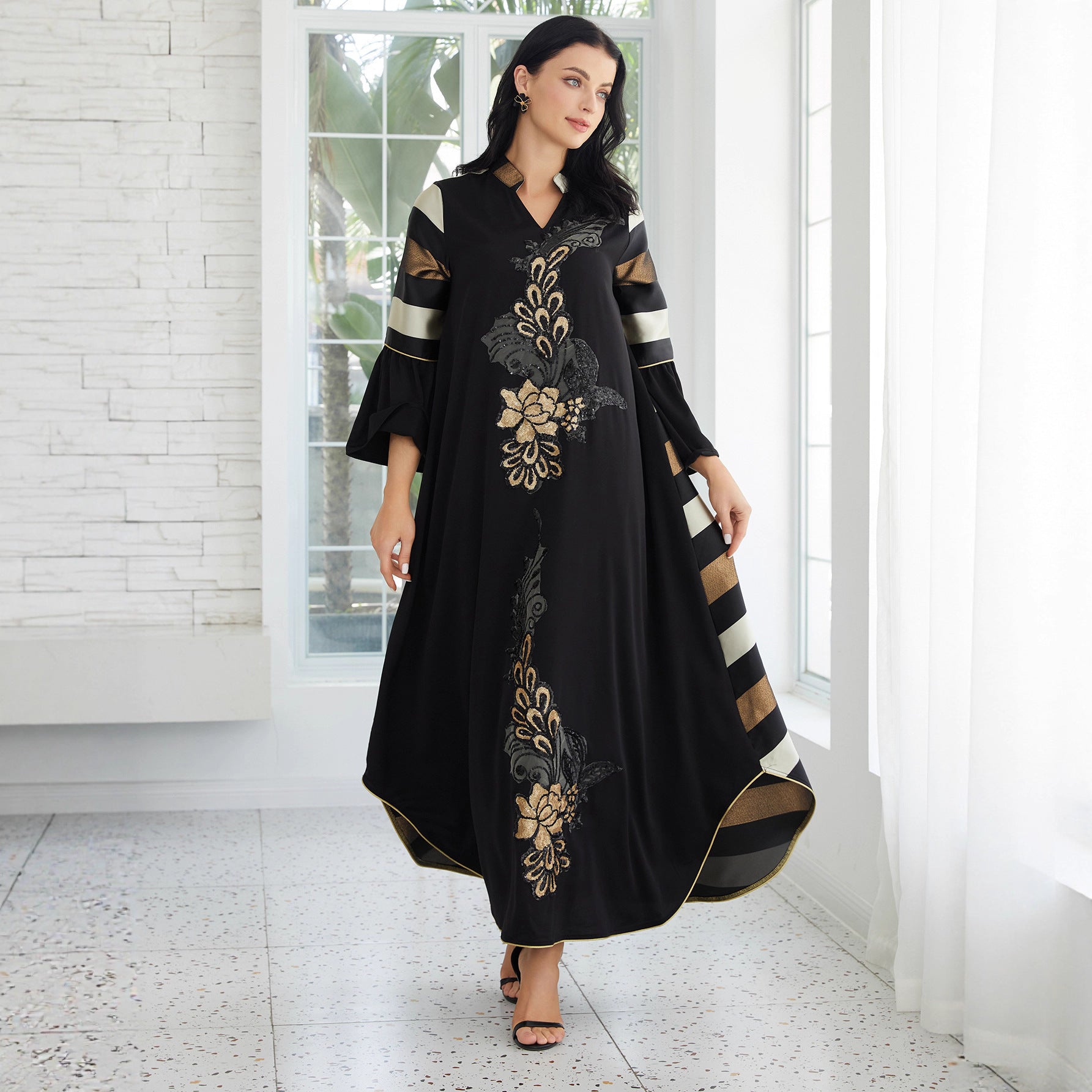 Gulf Islamic Modest Long Robe Black Base Vertical Vintage Gold Flower Sequin Embroidery Notch V Collar Multicolor Color Block Striped Wide Flare Cuff Oversize Irregular Hem Dubai Abaya For Ladies Formal Evening Occasion