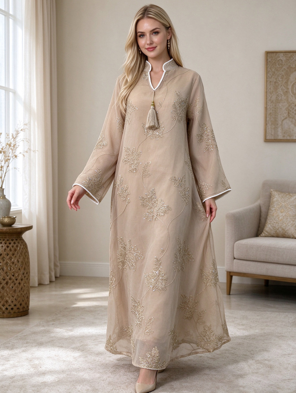 Graceful Mandarin Collar Mesh Embroidered Kaftan Dress with Tassel Detail Modest Maxi Gown for Muslim Women Banquet - 309