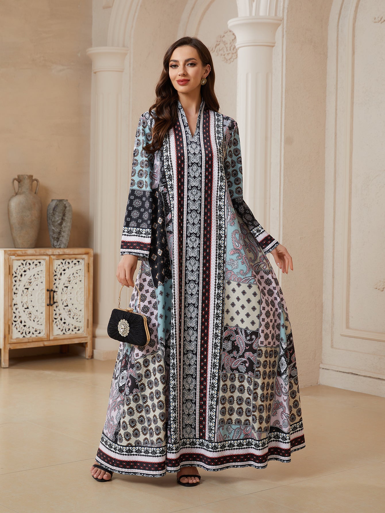 Floral V-Neck Long Sleeve Abaya - Modest Muslim Dress Ramadan Eid
