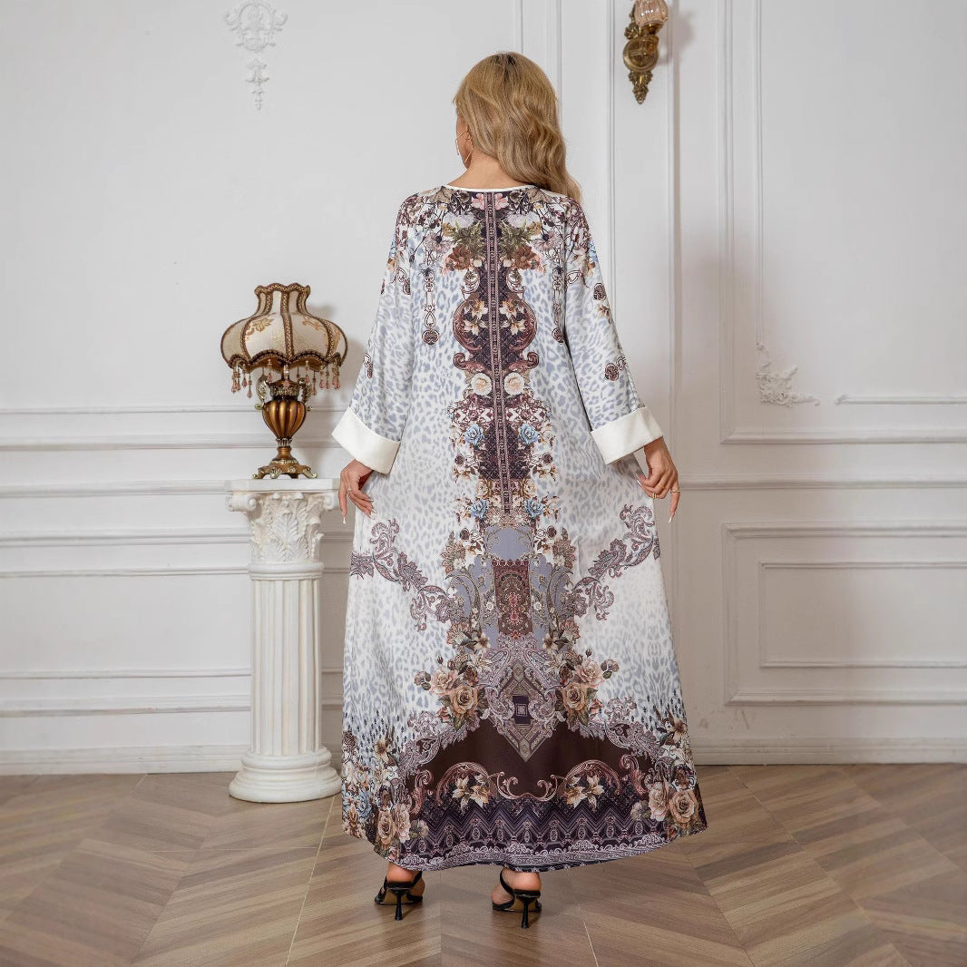 Grey Floral Print Mandarin Collar Rhinestone Plus Size Maxi Abaya Dress