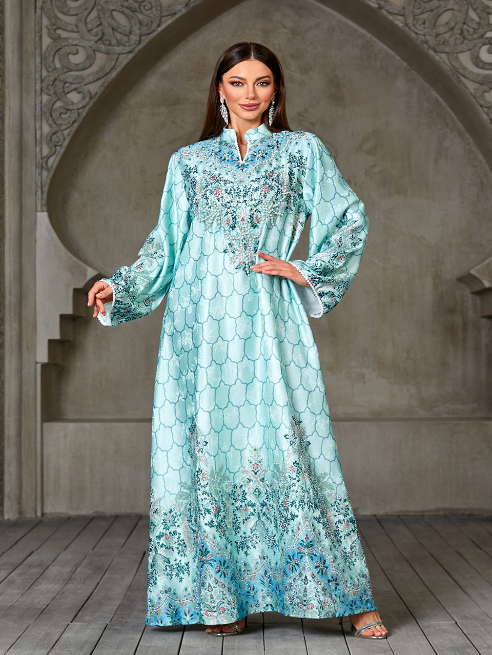 Jacquard Beaded Rhinestone Engineered Print Gown Jalabiya Modest Long Maxi Dress for Muslim Women Eid Ramadan S-XXL