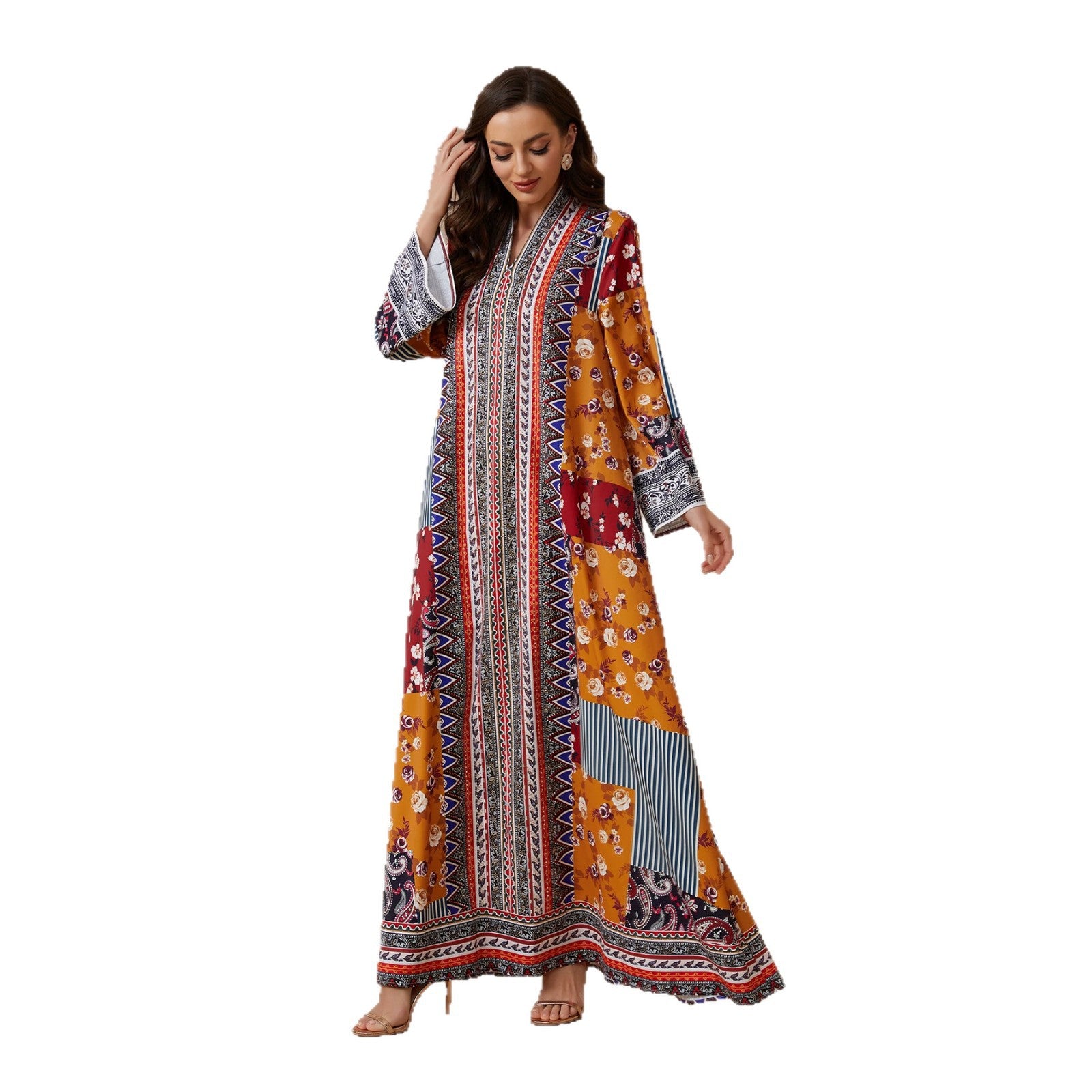 Floral Long Sleeve Ethnic Abaya - Modest Muslim Dress Ramadan Eid