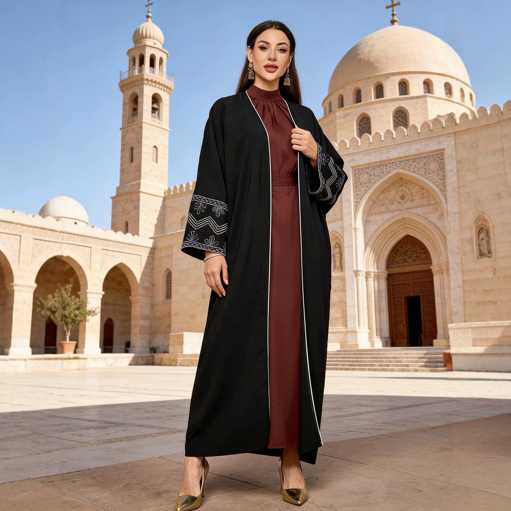 Black Embroidered Open Cardigan Modest Maxi Abaya - Free Size