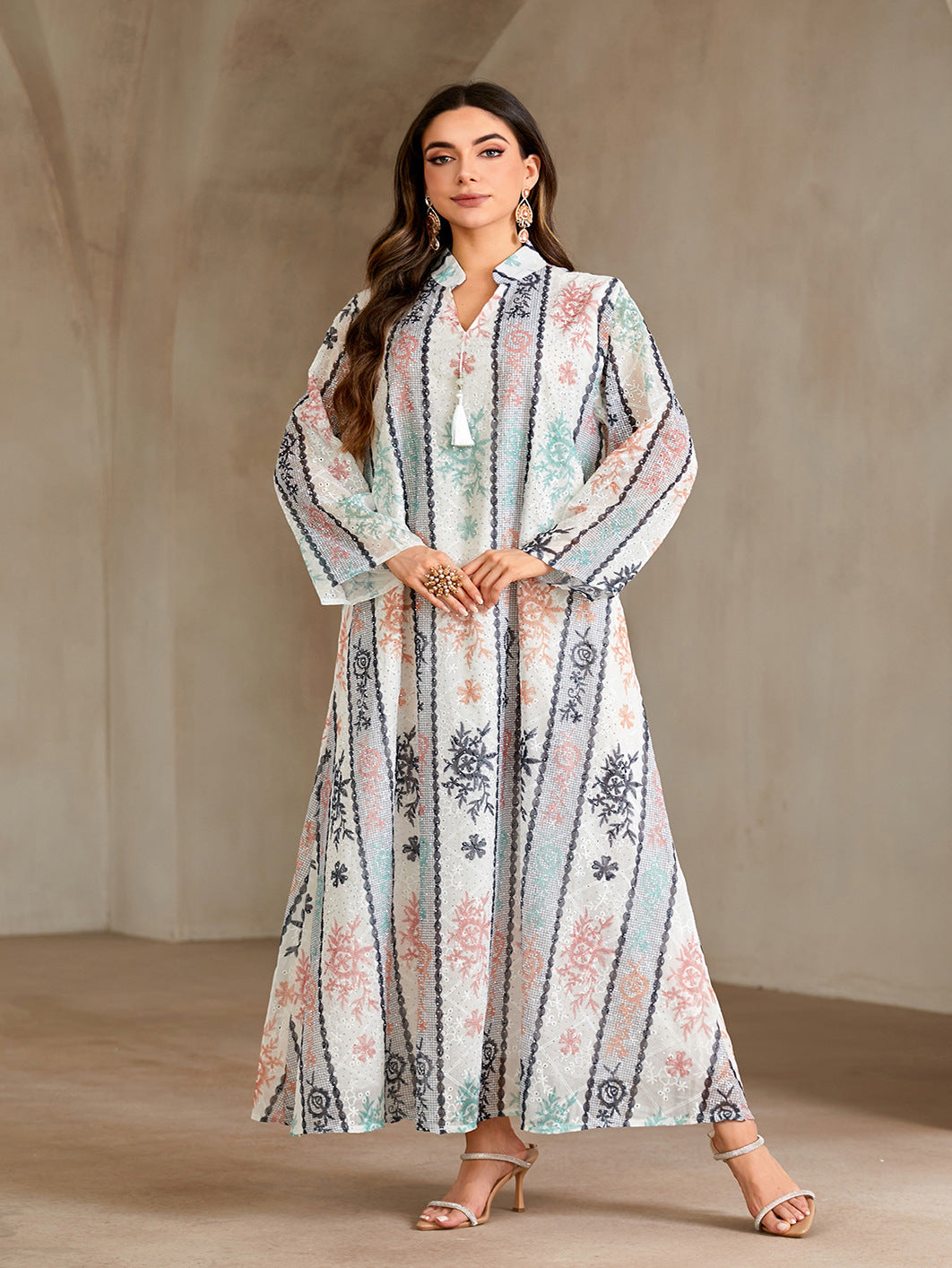 Luxury Floral Print Rhinestone Embellished Gown Jalabiya Modest Long Maxi Dress for Muslim Women Eid Ramadan S-XXL