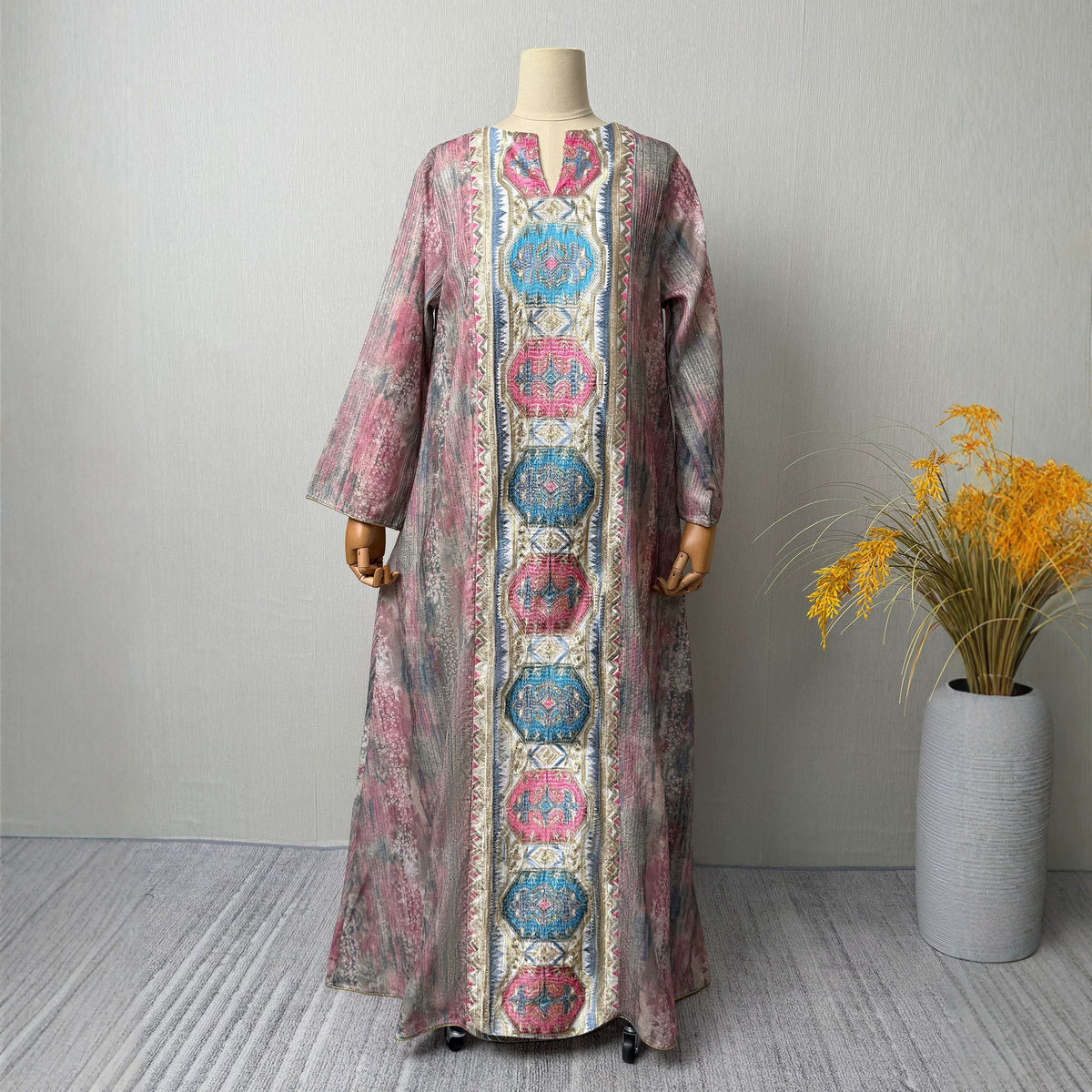 Pink Sequin Embroidered Gown Cover-up Long Maxi Dress Modest Muslim Jalabiya Robe for Women Eid Ramadan