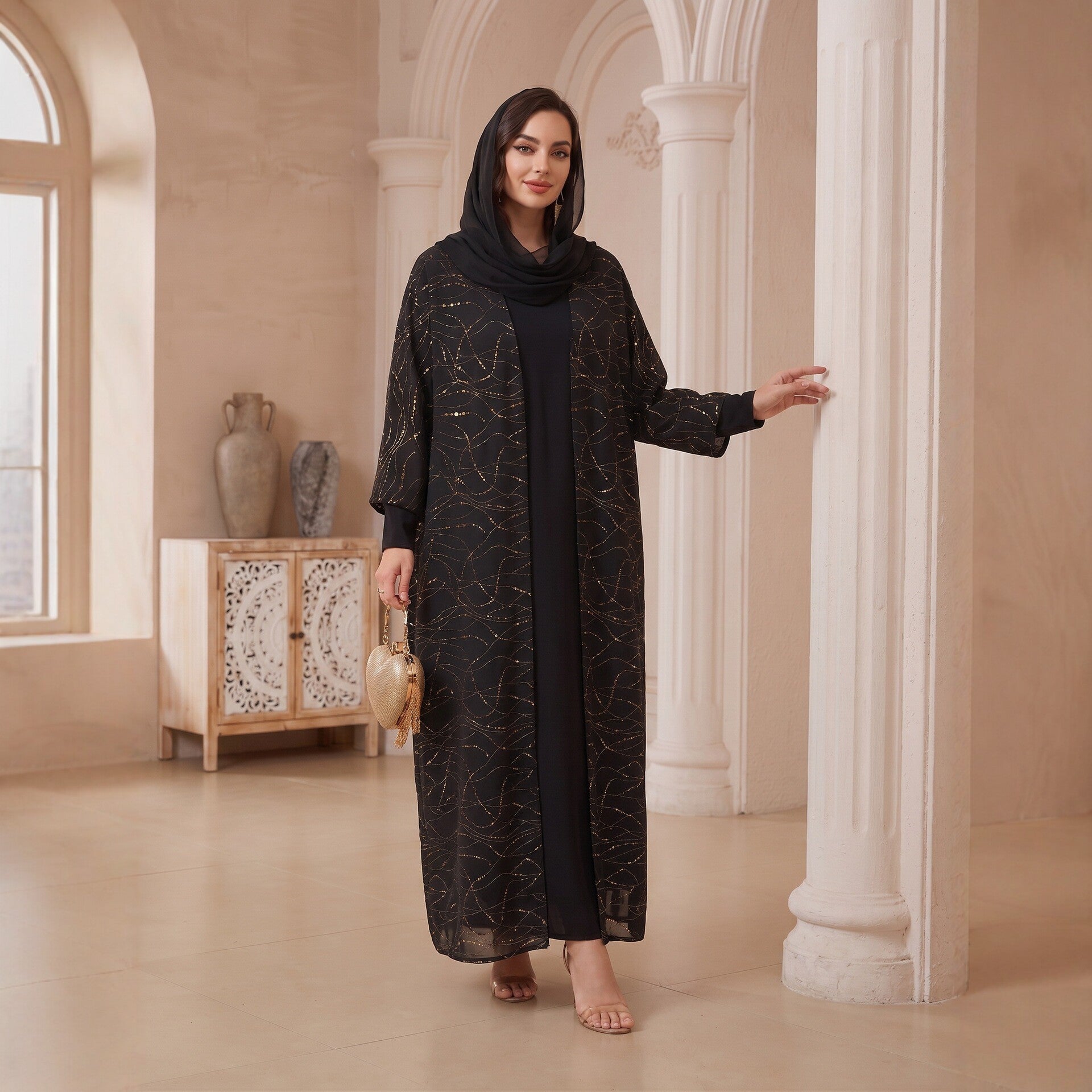 Black Peacock Green Open Outerwear with Hijab Set