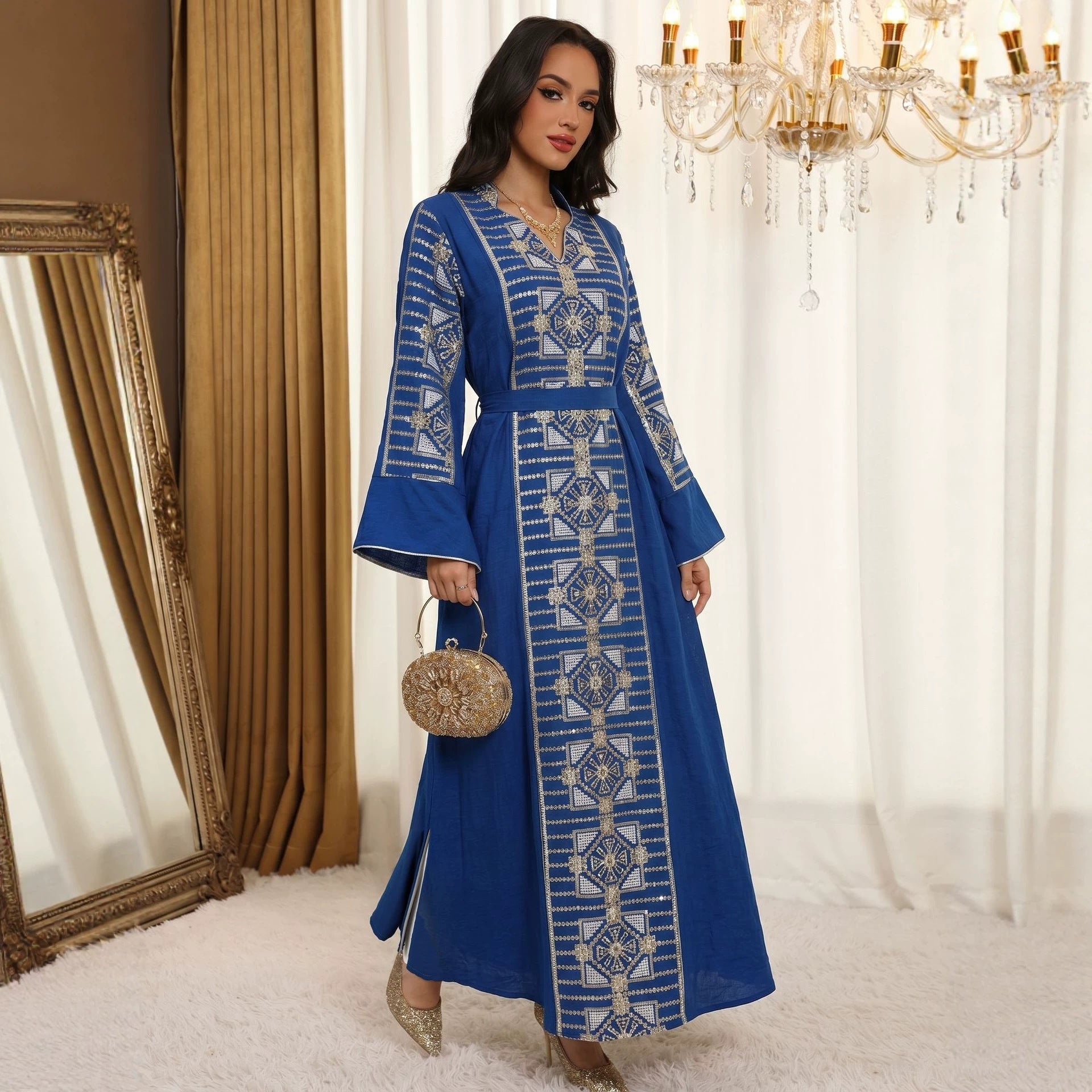 Gold Thread Sequin Embroidered Luxury Gown Jalabiya Modest Long Maxi Evening Dress for Muslim Women Eid Ramadan S-XXL