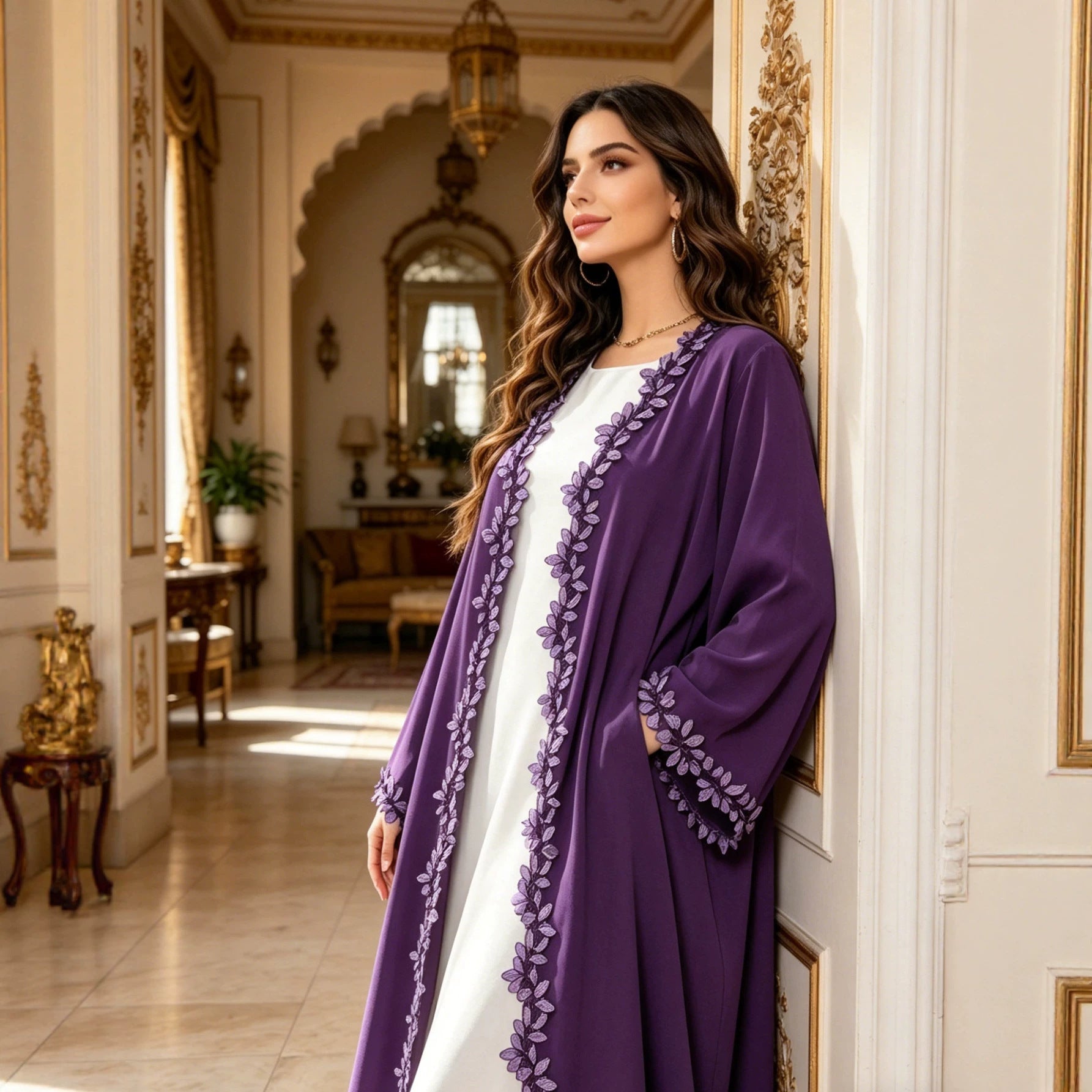 Ribbon Lace Trim Open Front Abaya Cardigan Modest Long Maxi Dress Jalabiya for Muslim Women Eid Ramadan Festive Wear S-XL