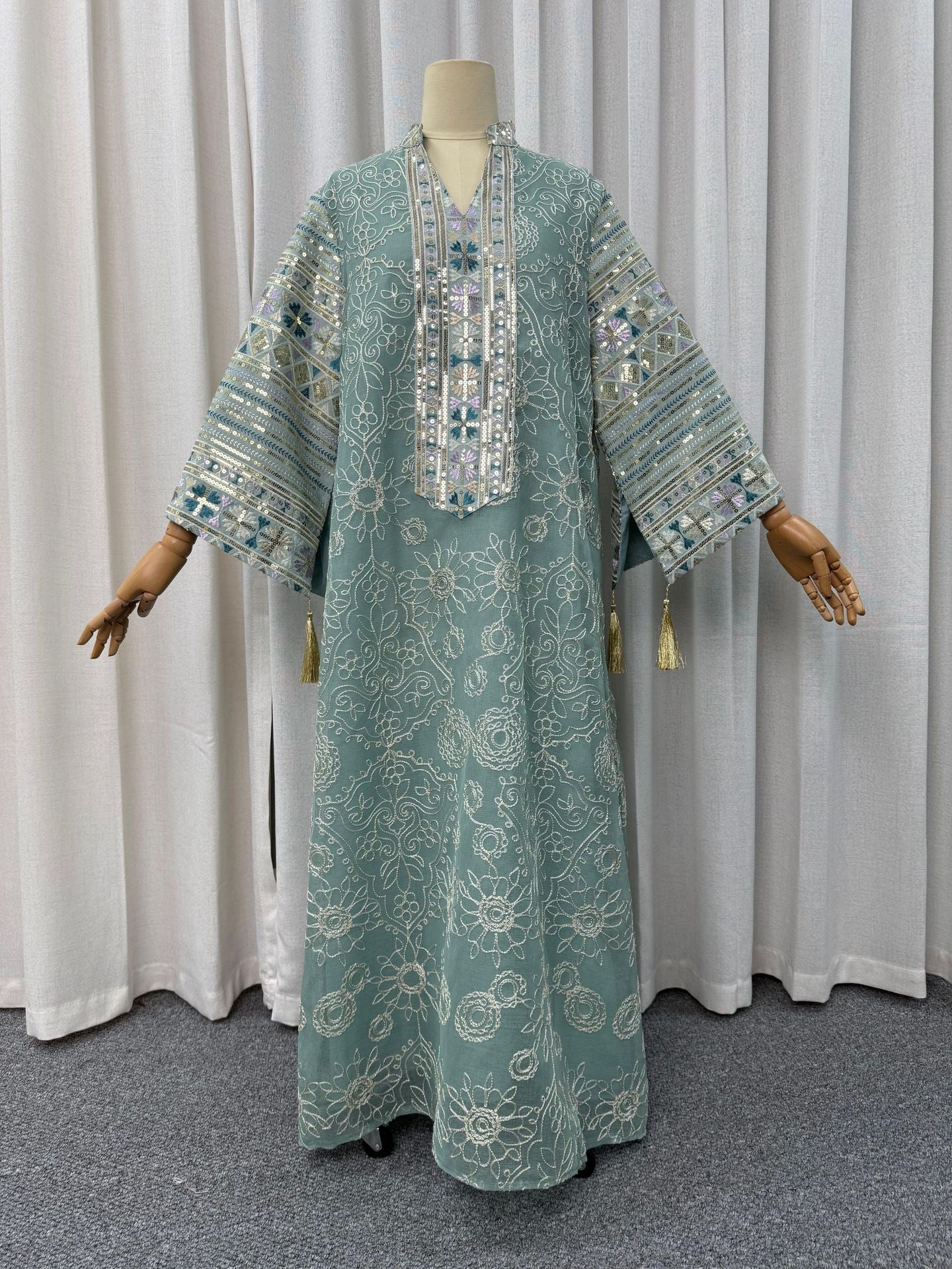 Elegant Sequin Embroidered Mesh Abaya Dress Jalabiya Modest Long Maxi Dress for Muslim Women Eid Ramadan Evening Party S-XXL