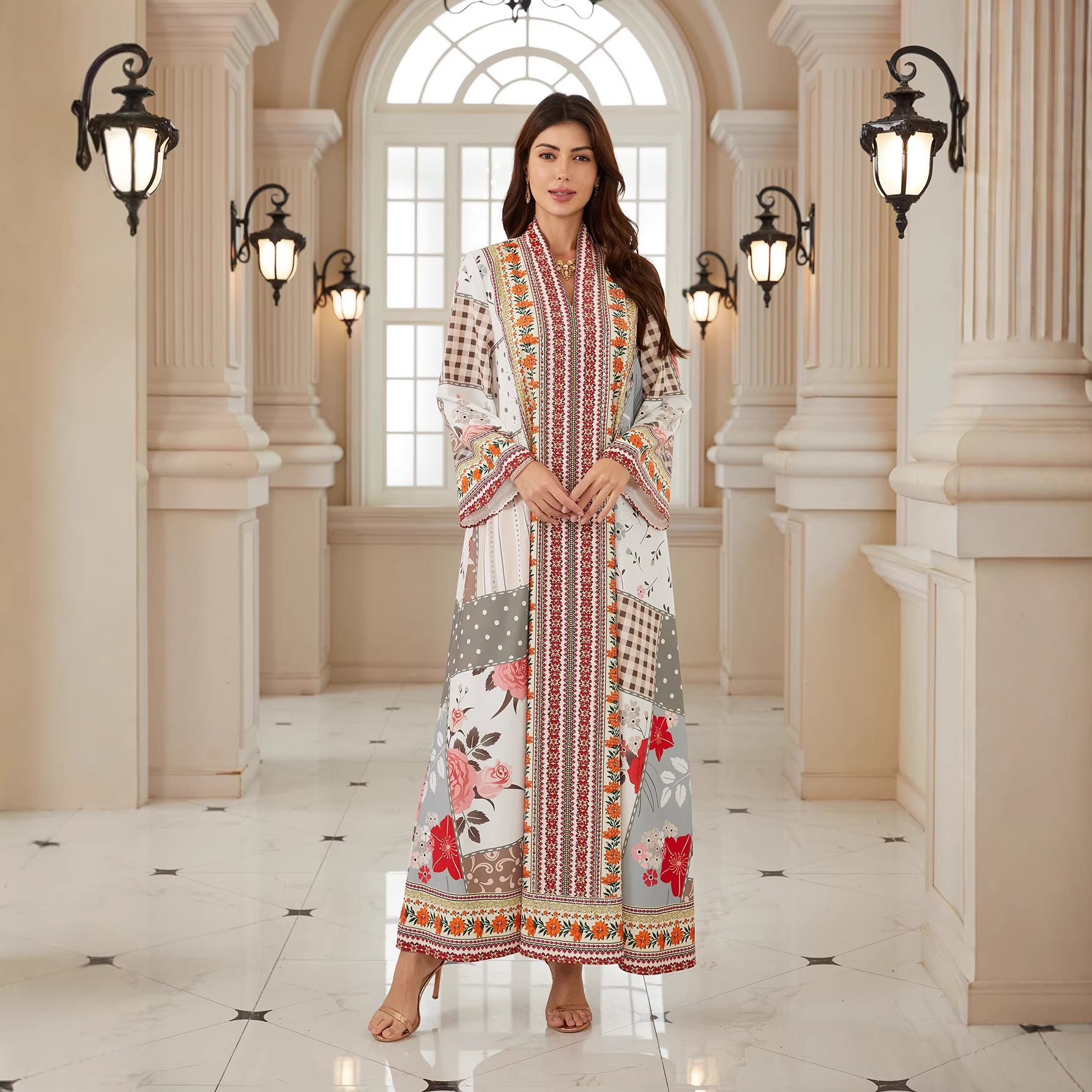 Elegant Floral V-Neck Abaya – Rhinestone Modest Maxi Dress