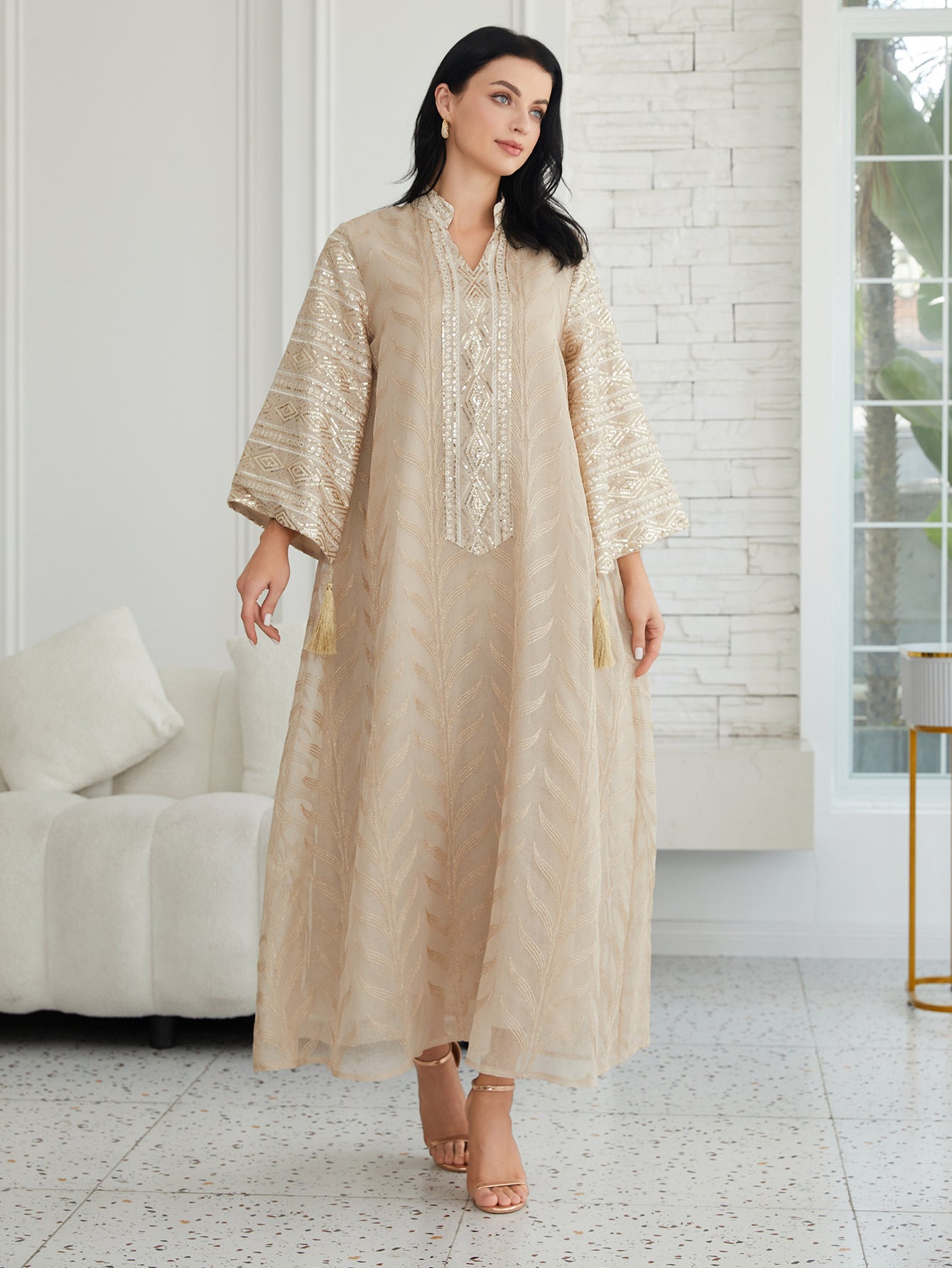 Stunning Apricot Beaded Sequin Evening Abaya Maxi Robe Eid Ramadan