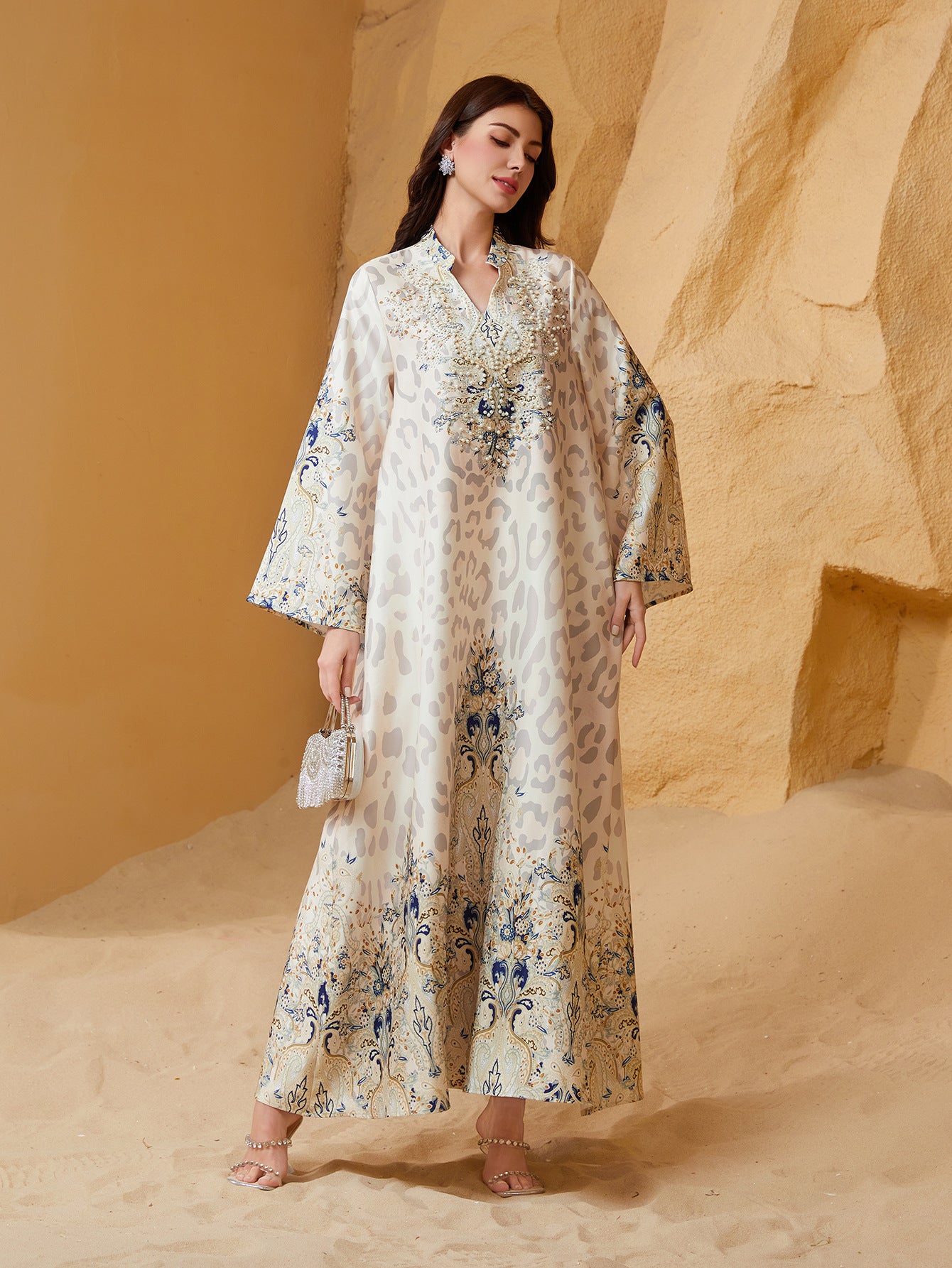 Bold Yellow Grey Leopard Rhinestone Kaftan Abaya Maxi Eid Ramadan