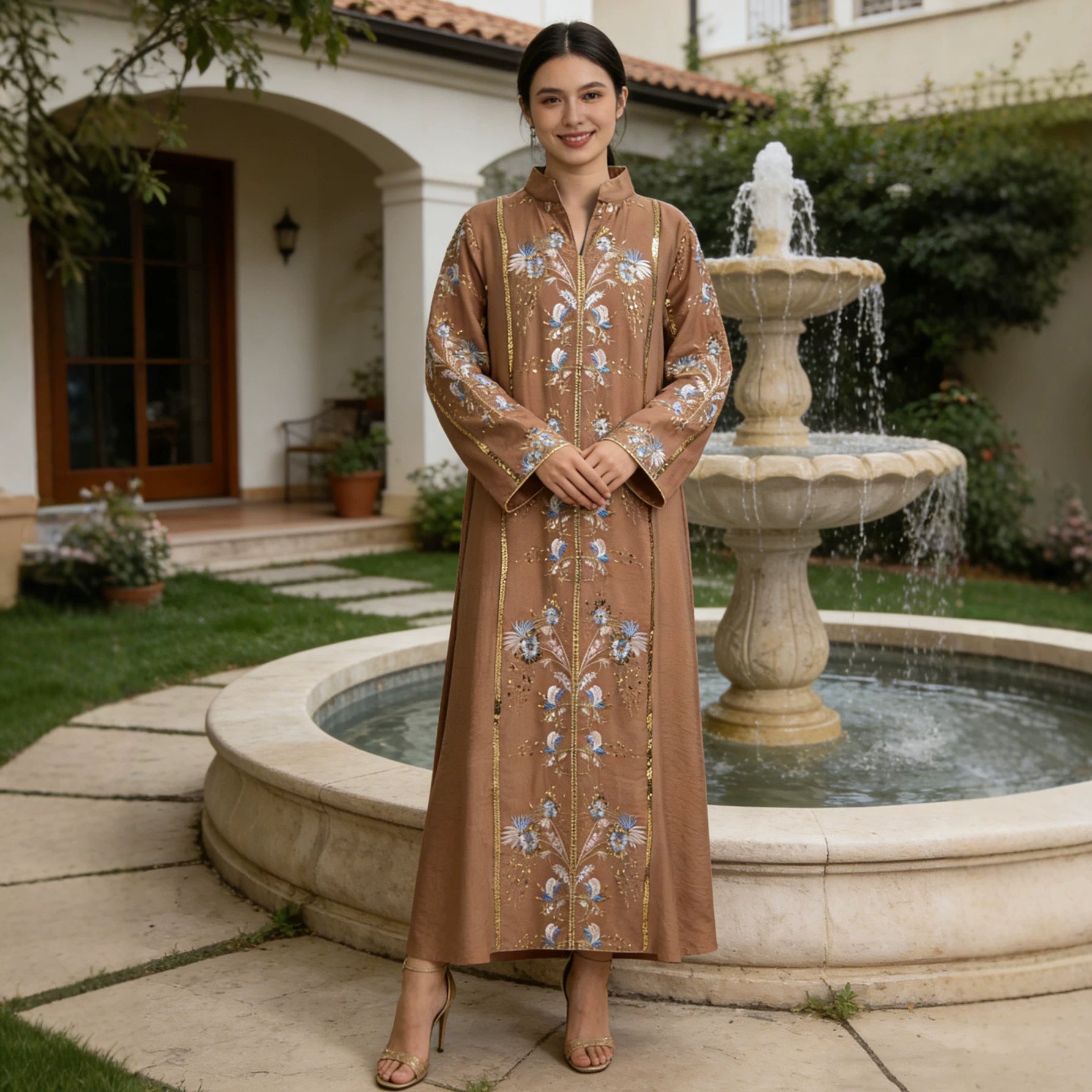 Sequin Applique Embroidered Abaya Jalabiya Modest Long Maxi Dress for Muslim Women Eid Ramadan Formal Evening Party S-XXL