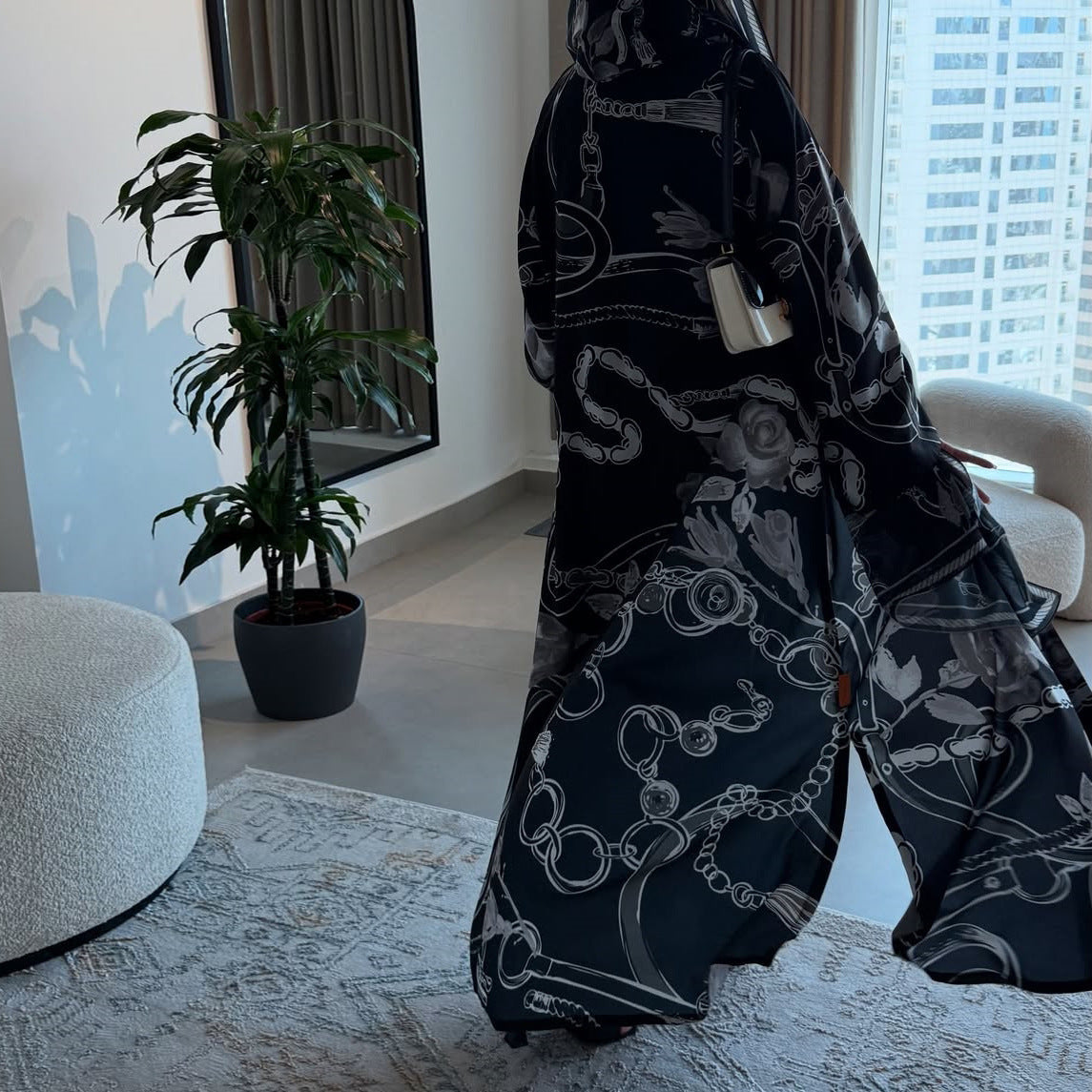 Black Grey Floral Print Open Abaya with Hijab Two-Piece Set