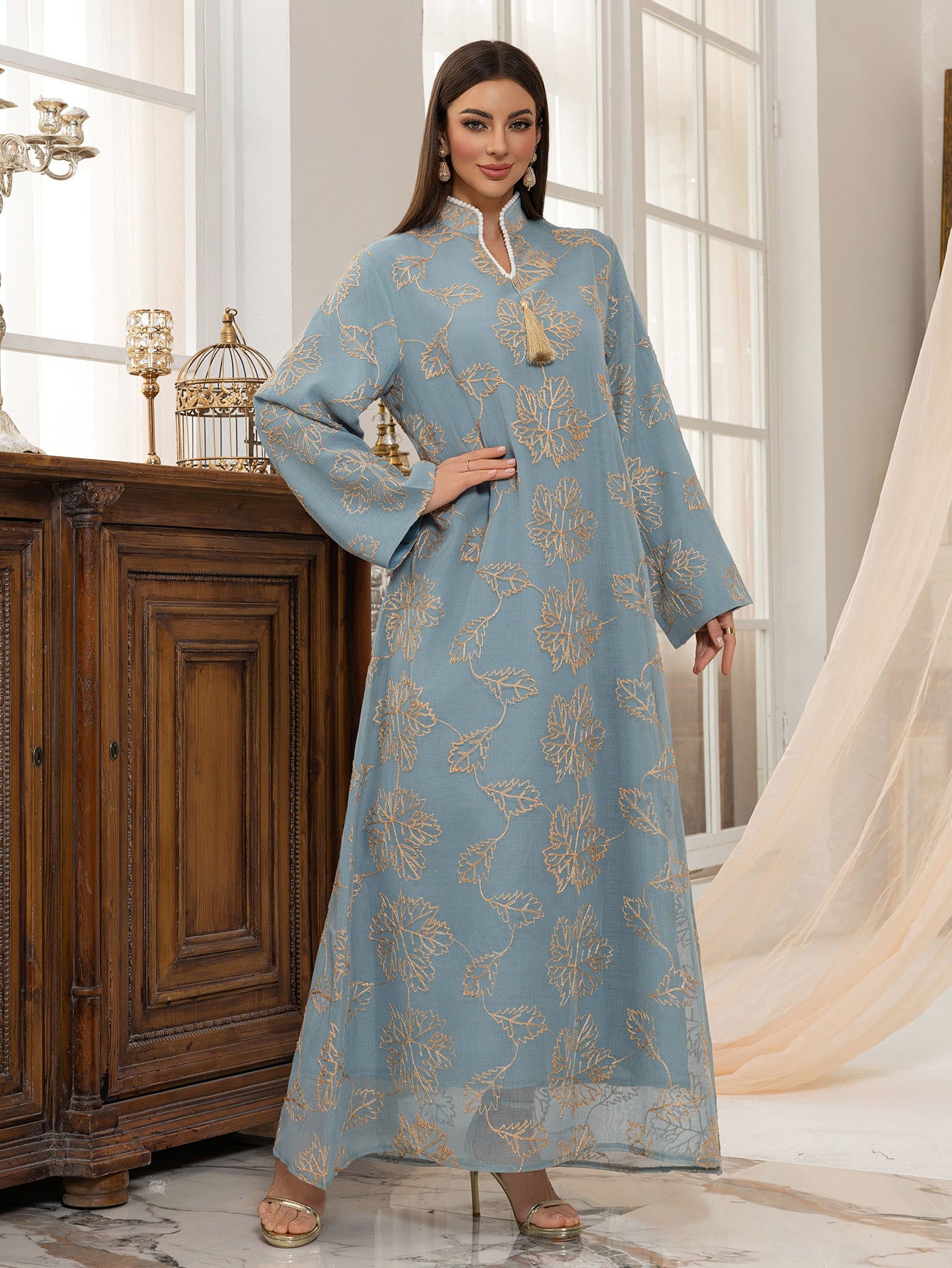 Fringed Leaf Embroidered Mesh Kaftan Dress Jalabiya Modest Long Maxi Dress for Muslim Women Eid Ramadan Daily Wear S-XXL