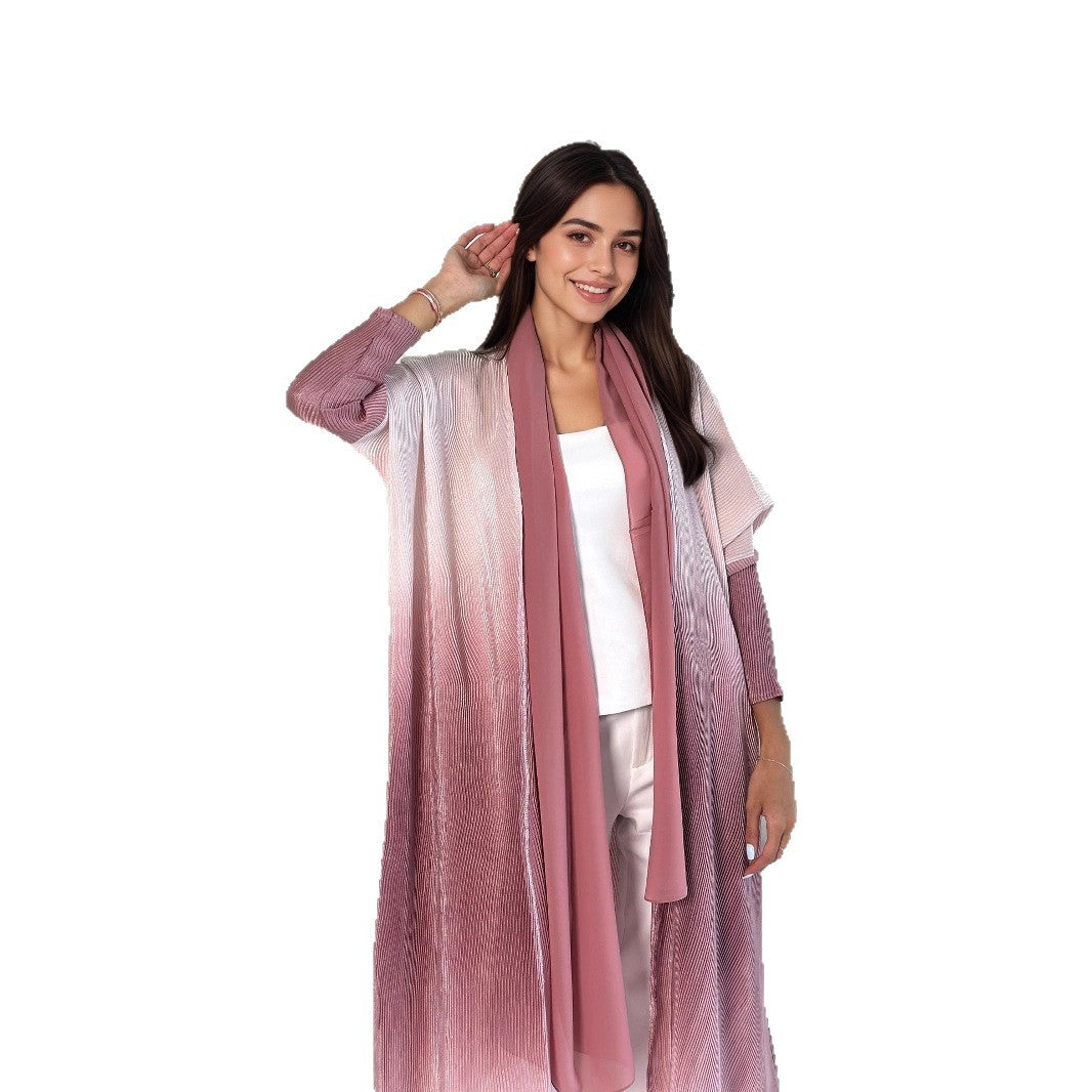 Gradient Print Pleated Open Front Abaya Cardigan Modest Long Maxi Dress for Muslim Women Eid Ramadan Casual S-XXL