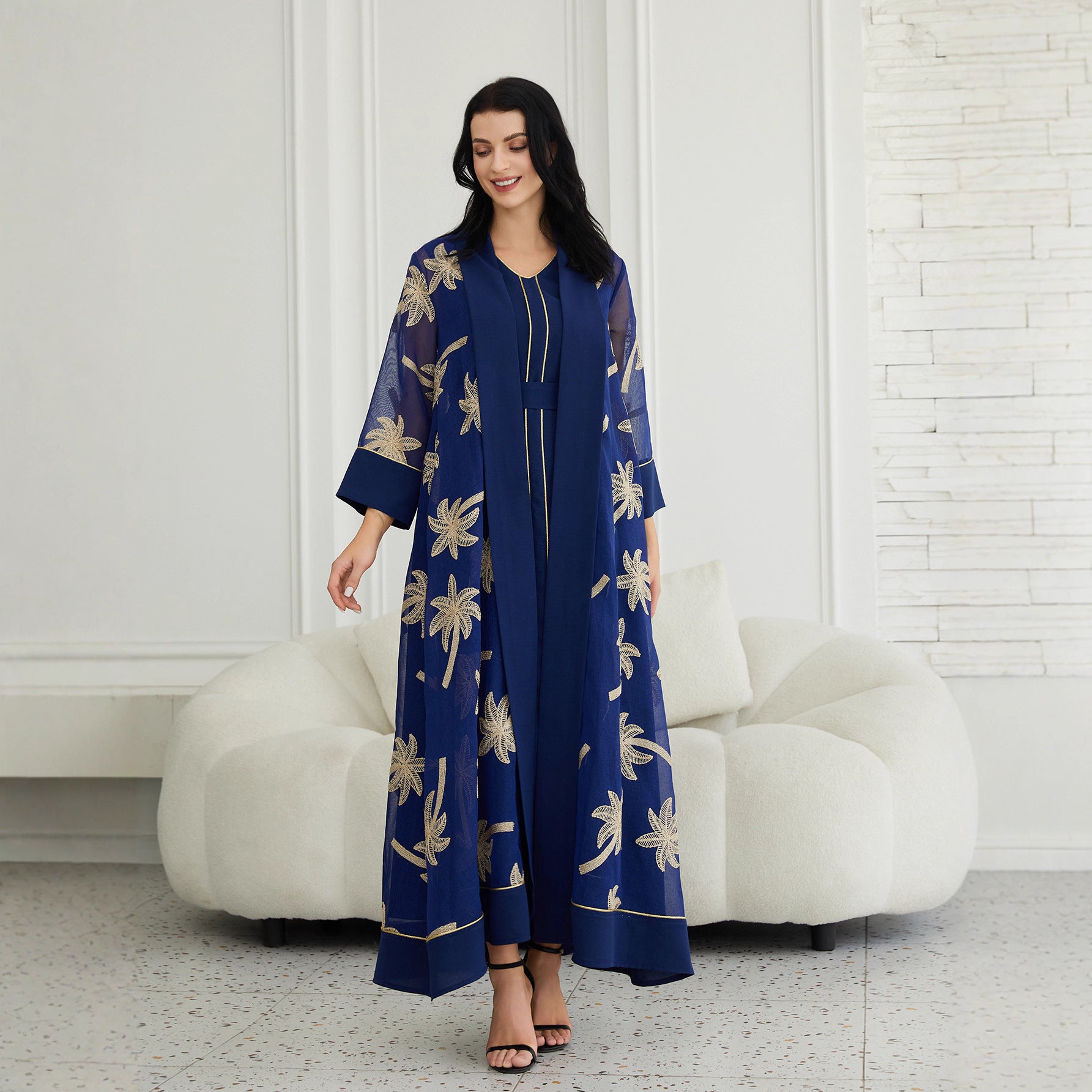 Refined Navy & White 2-Piece Abaya Set – Modest Open Cardigan