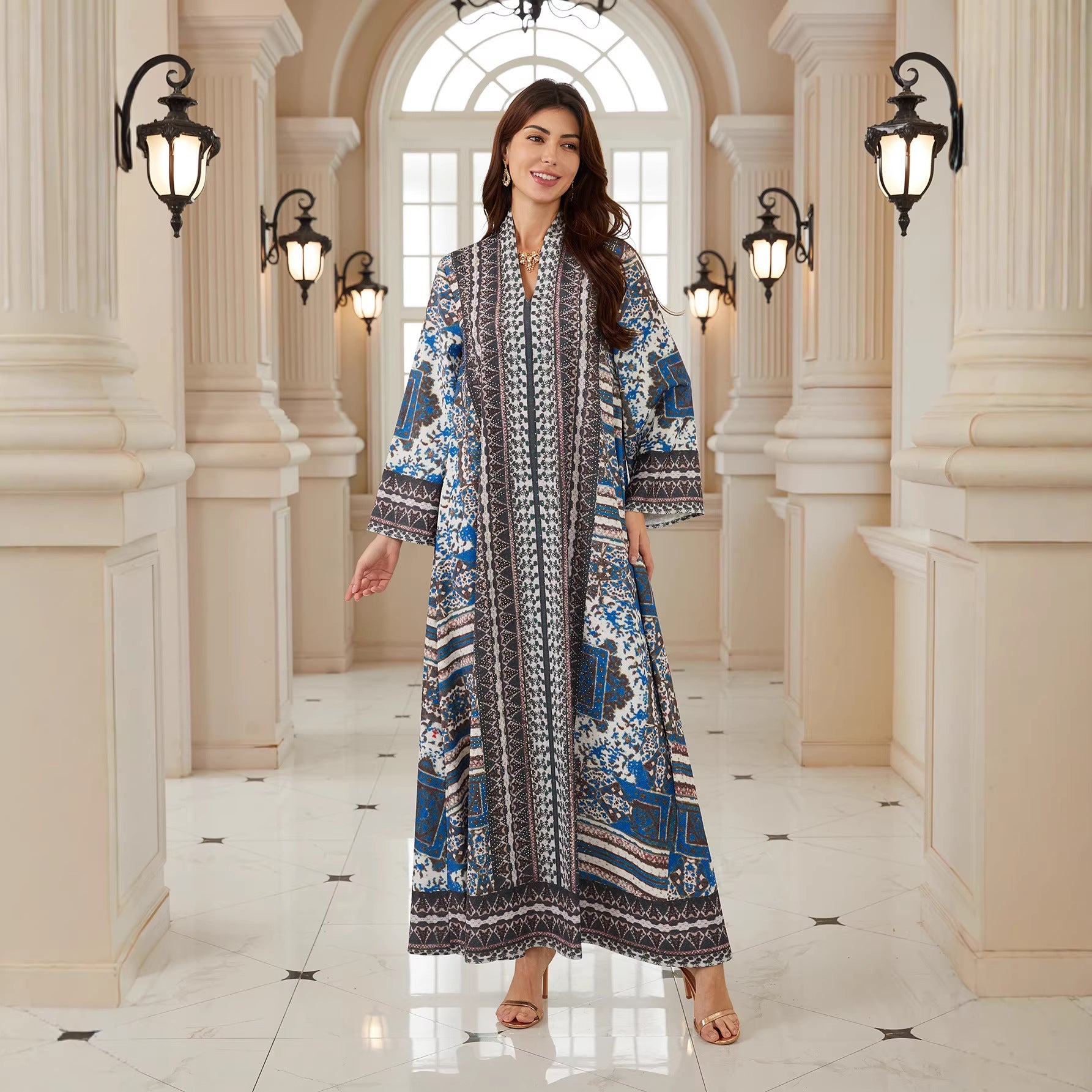 Stylish Grey Long-Sleeve Kaftan – Rhinestone Modest Maxi Dress