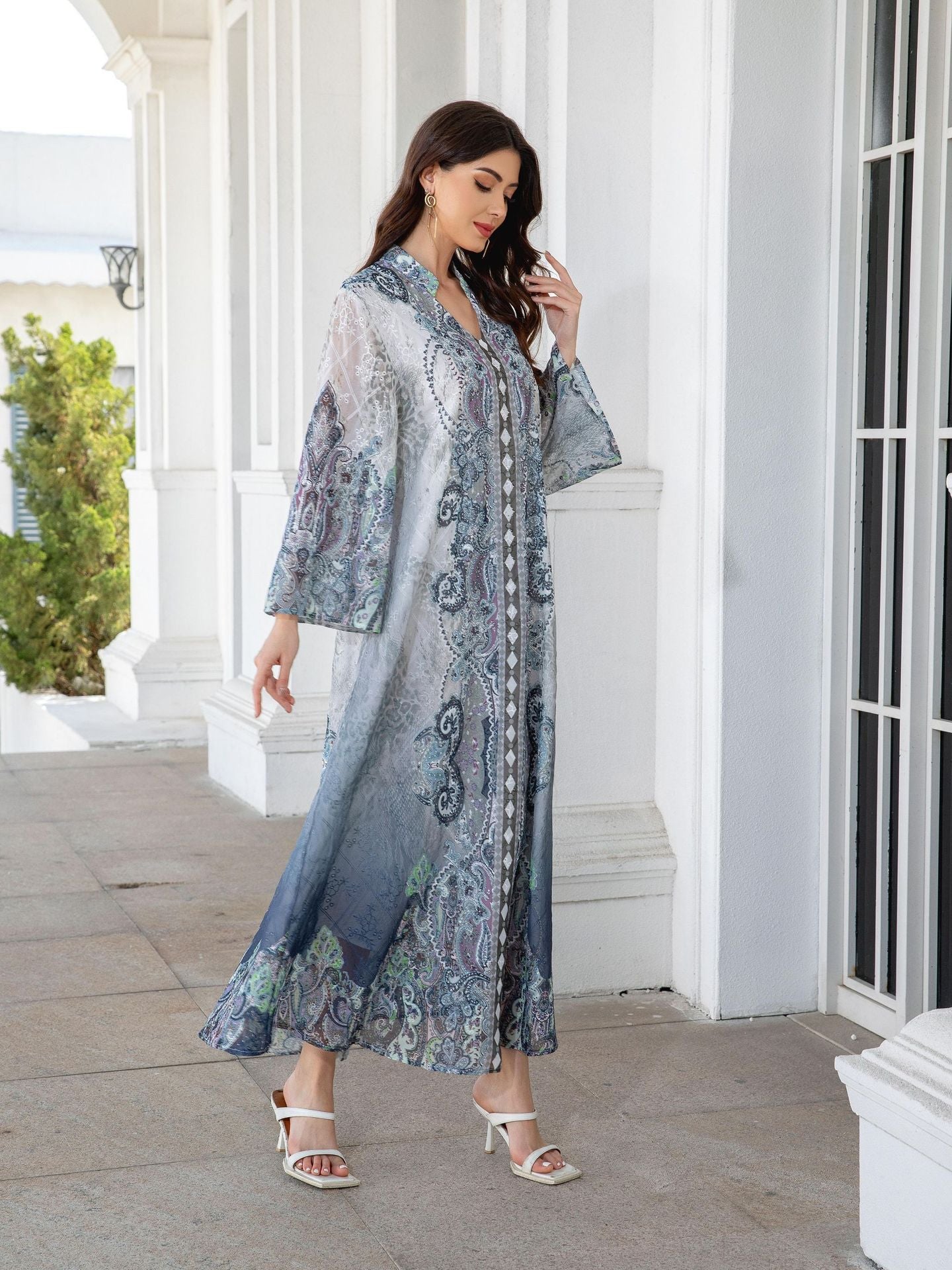 Stunning Blue Rhinestone Abaya – Modest Muslim Embroidered Maxi