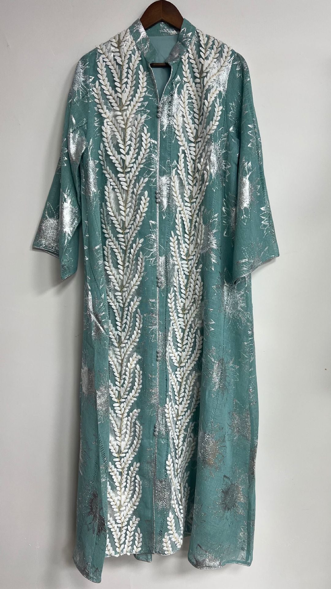 Arabian Gulf Premium Studio Designer Modest Attire Solid Soft Apricot Lightweight Sheer Organza All Over Muted Antique Botanical Motif Mini Stand Neck Handcrafted Oversized 3D Gold Cream Sequin Front Appliqué Loose Flowy Long Sleeves Unfitted Full Le