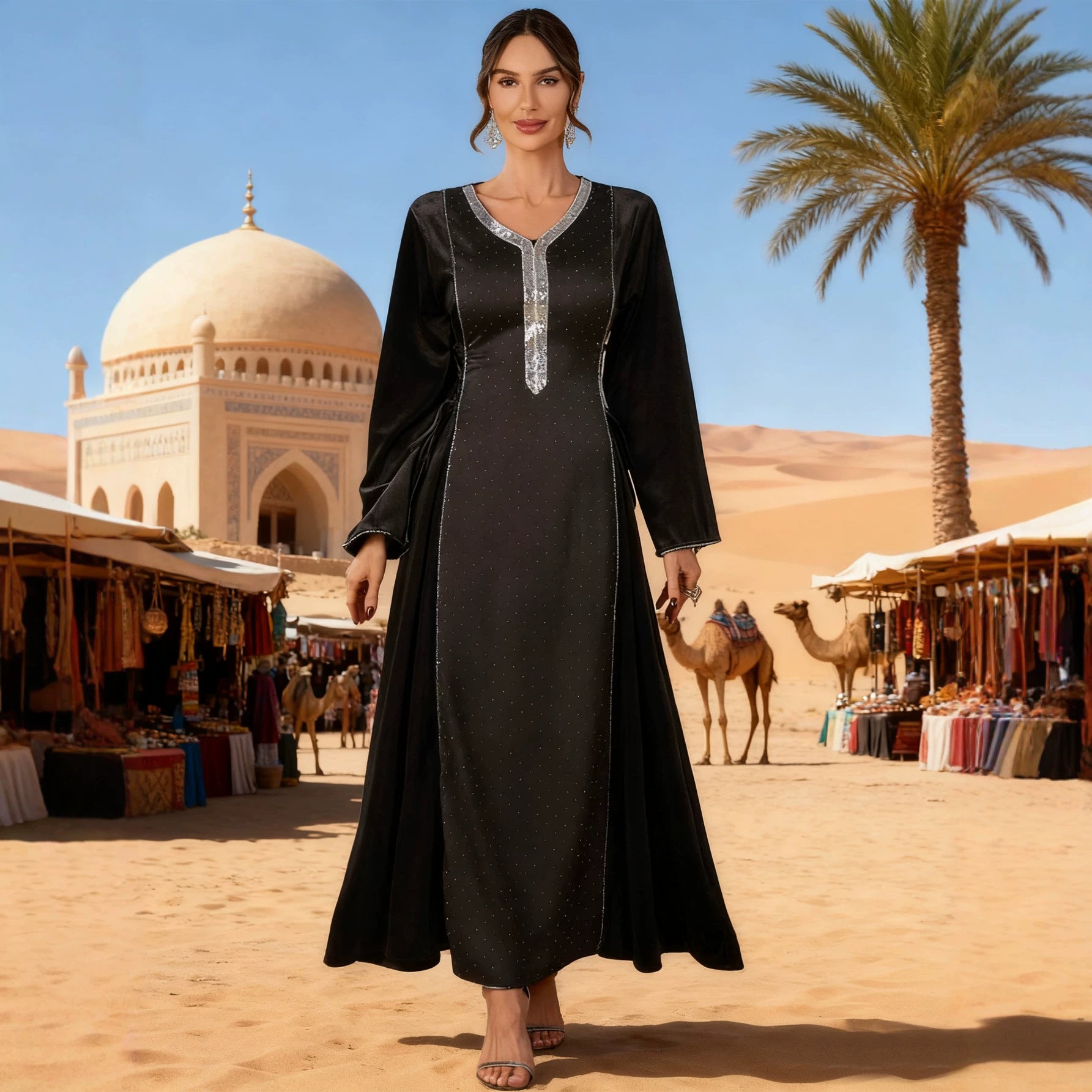 Dark Brown Wine Red and Black Rhinestone Pullover Maxi Abaya Dress Jalabiya Modest Long Dress for Eid Ramadan Evening Party Gown S-XXL