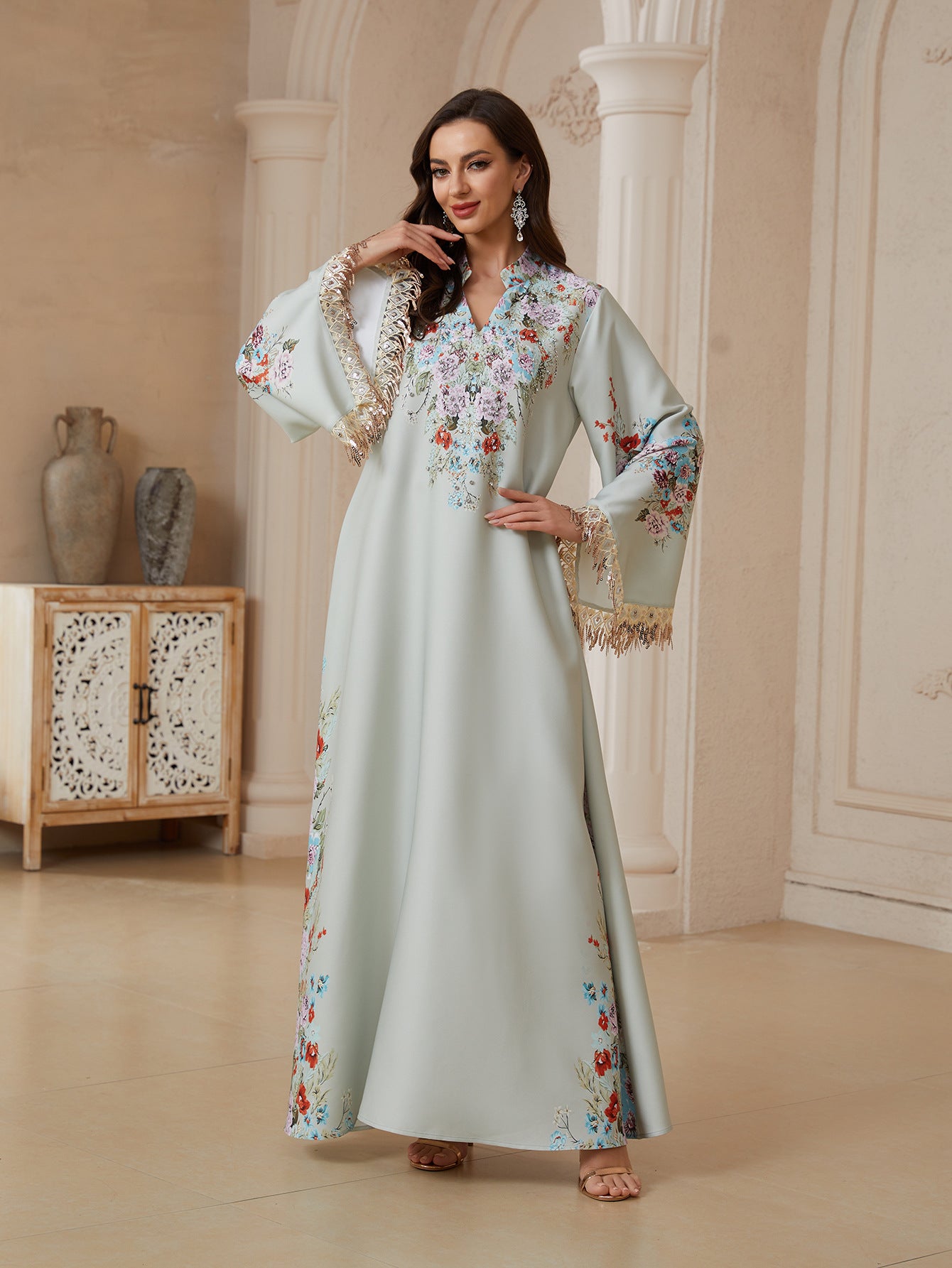Women Stand Collar V Notch Floral Print Abaya Gold Metallic Tassel Flare Sleeve Maxi Jalabiya Pastel Satin Loose Modest Gown For Eid Mubarak Ramadan Wedding Party