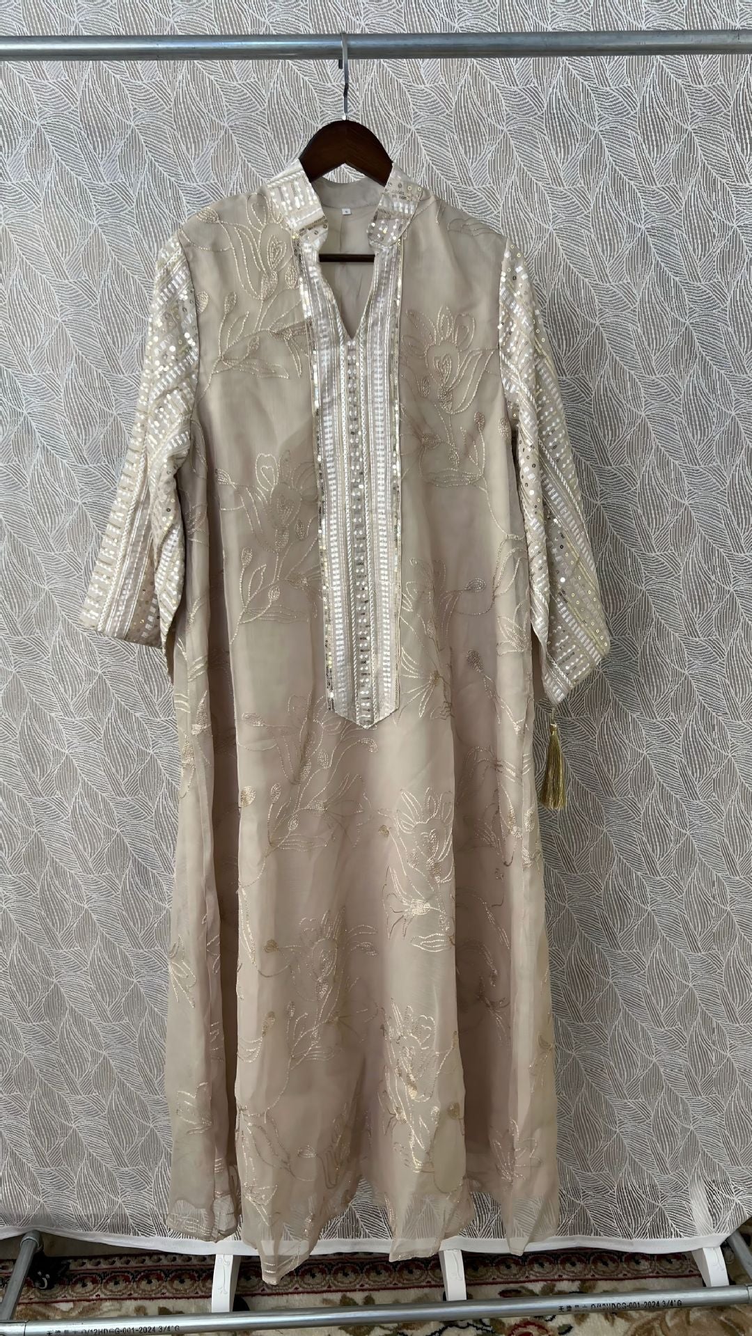 Sage Green Nude Burgundy 3 Tone Embroidered Muslim Maxi Dress Sequin Sleeve Flowy Chiffon Ramadan Vacation Robe