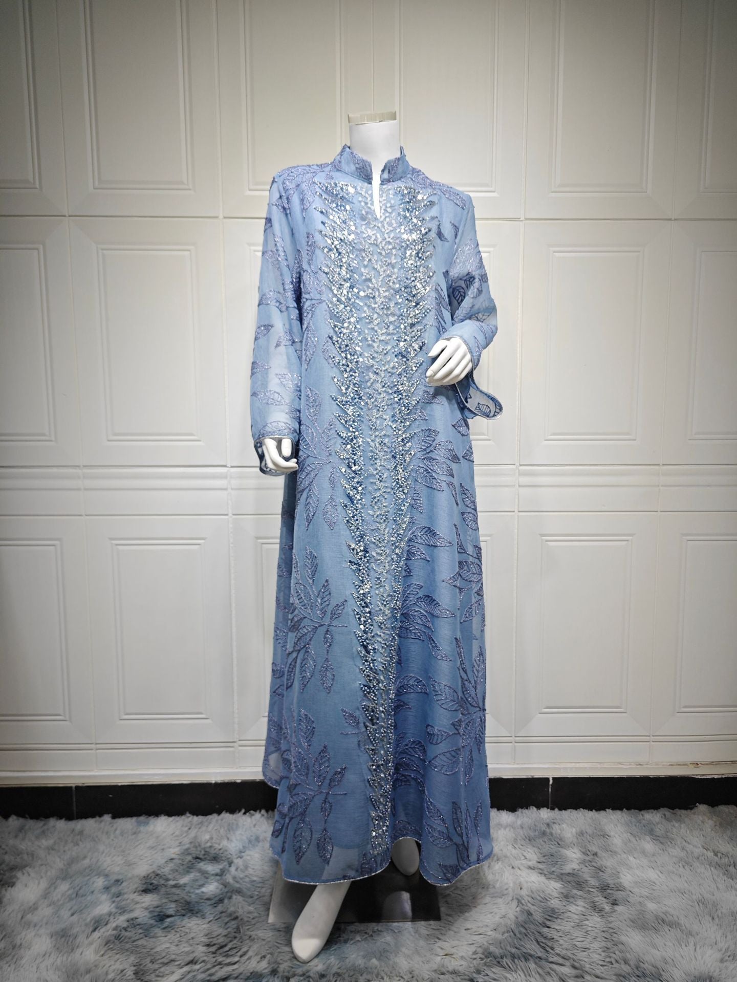 3 Colors Leaf Jacquard Hand Beaded Abaya Women Stand Collar V Notch Flare Sleeve Maxi Jalabiya Luxury Embellished Kaftan Lightweight Modest Gown For Eid Mubarak Ramadan Wedding Evening Party