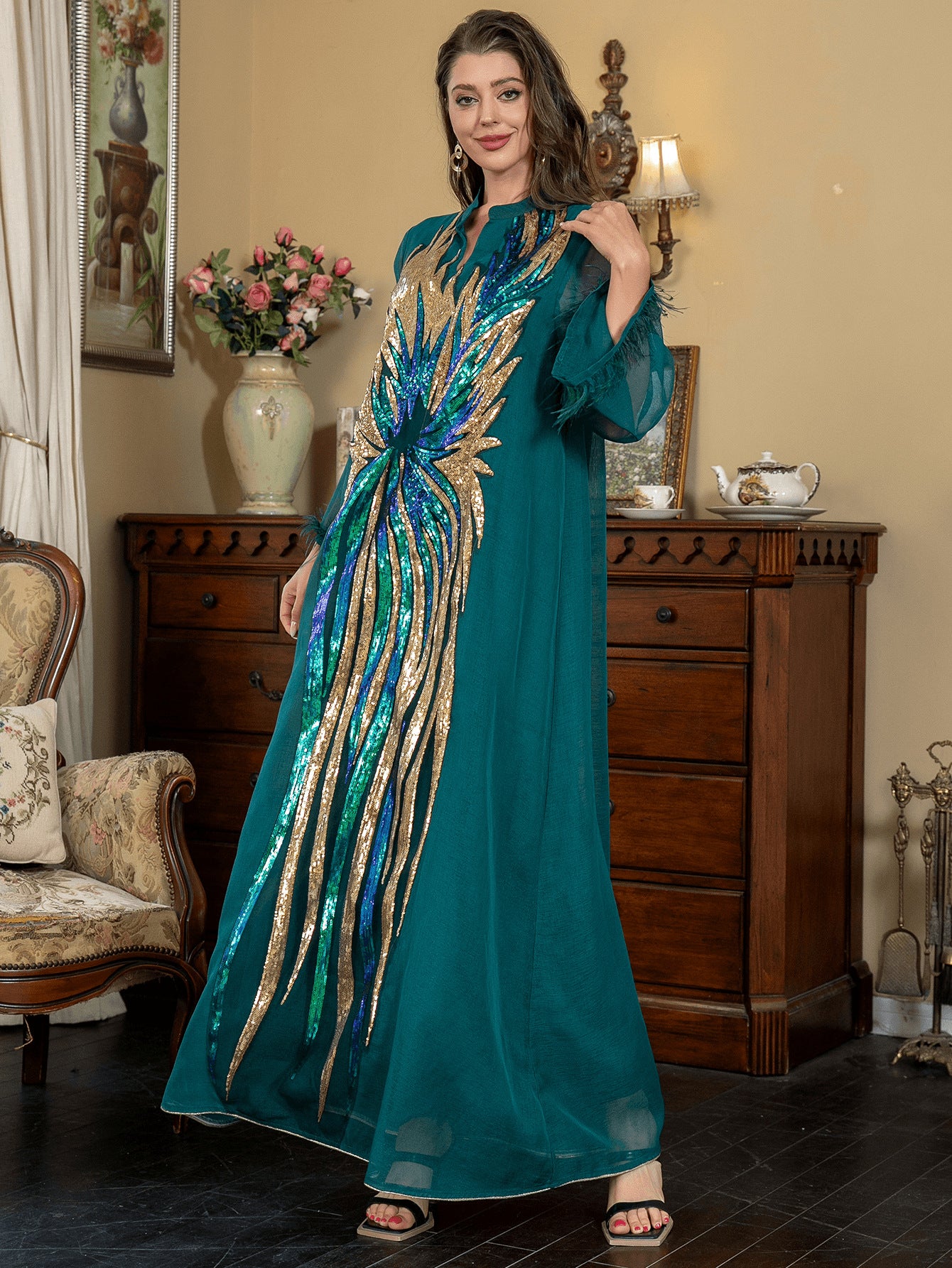 Dark Green Heavy Peacock Feather Sequin Embroidery Abaya Tulle Fringe Sleeve Dubai Modest Muslim Evening Maxi Gown