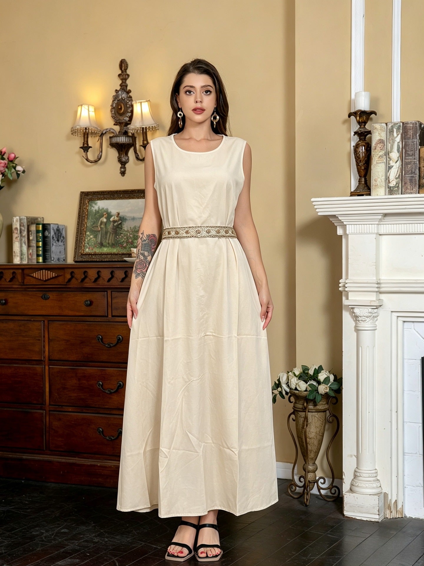 Off White Two-Piece Embroidered Cardigan Vest Set Gown Abaya Modest Long Maxi Dress for Muslim Women Eid Ramadan Kaftan