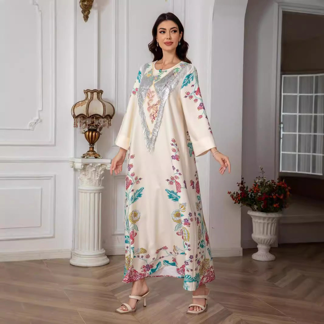 Ivory Floral Print Pullover Abaya - All-Over Stretch Modest Maxi Dress