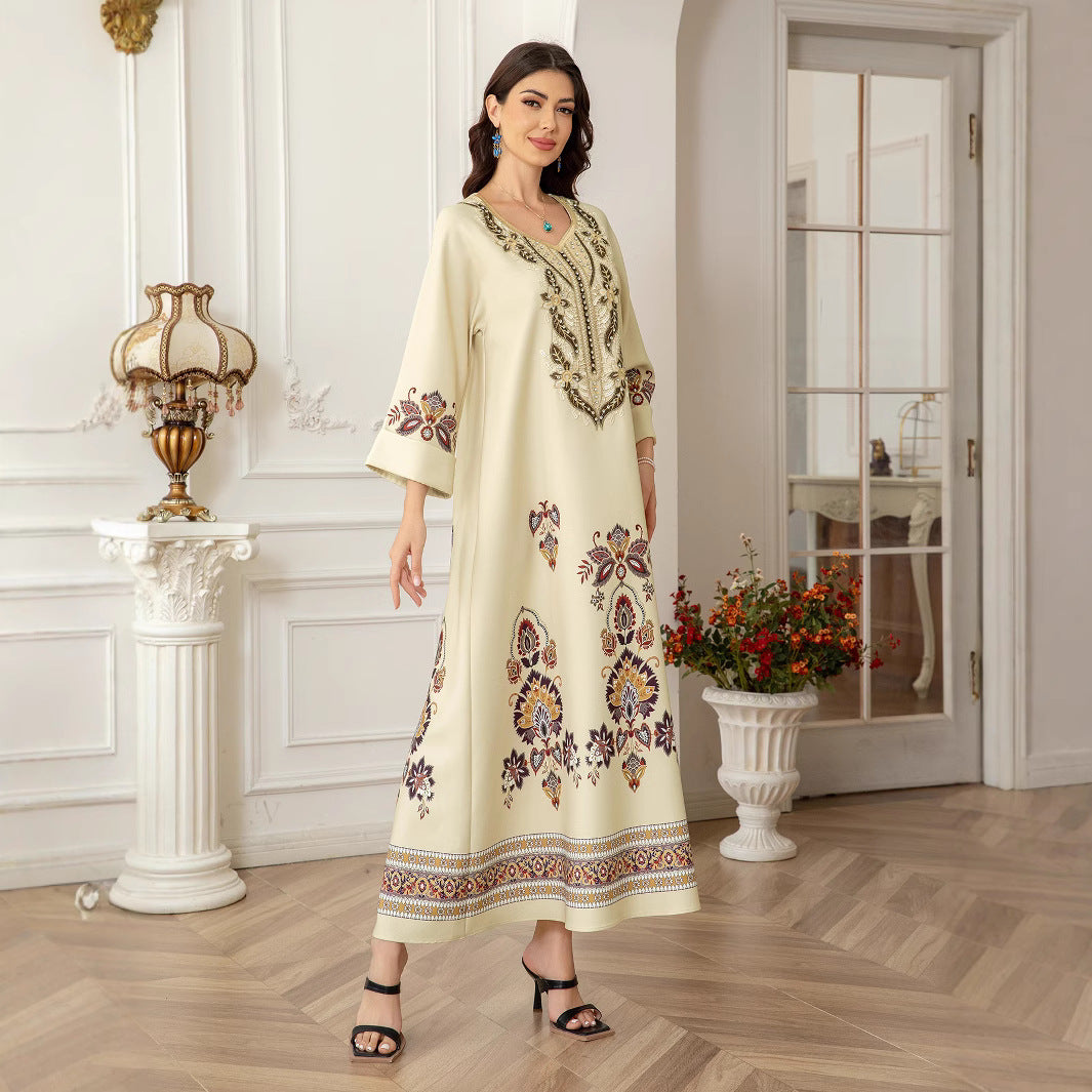 Apricot Floral Print Embroidered Rhinestone Maxi Abaya Dress