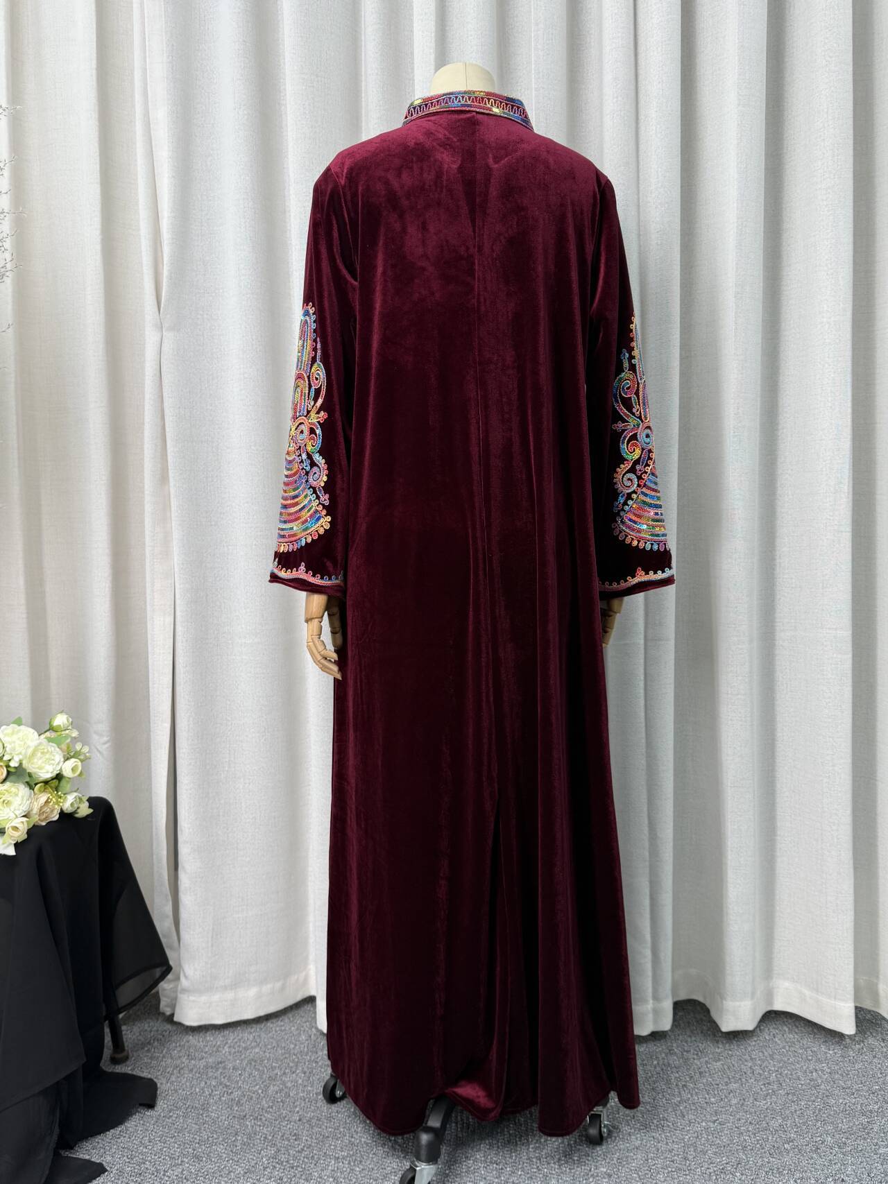 Two Color Embroidered Rhinestone Applique Stand Collar Maxi Dress