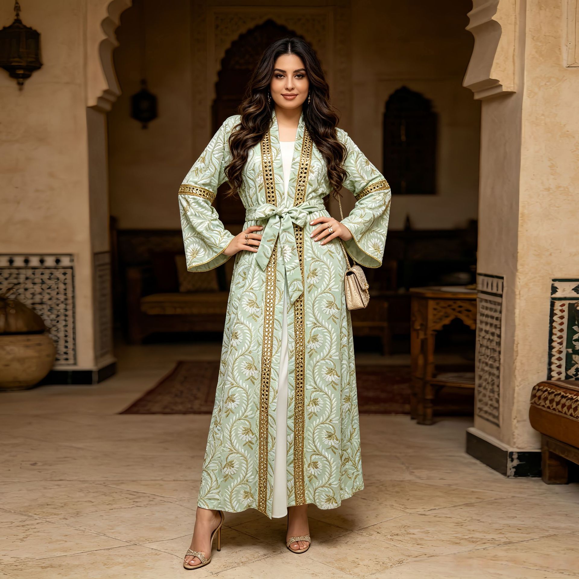 Light Green Blue Purple Yellow Heavy Embroidery Embroidered Waist Maxi Dress Set