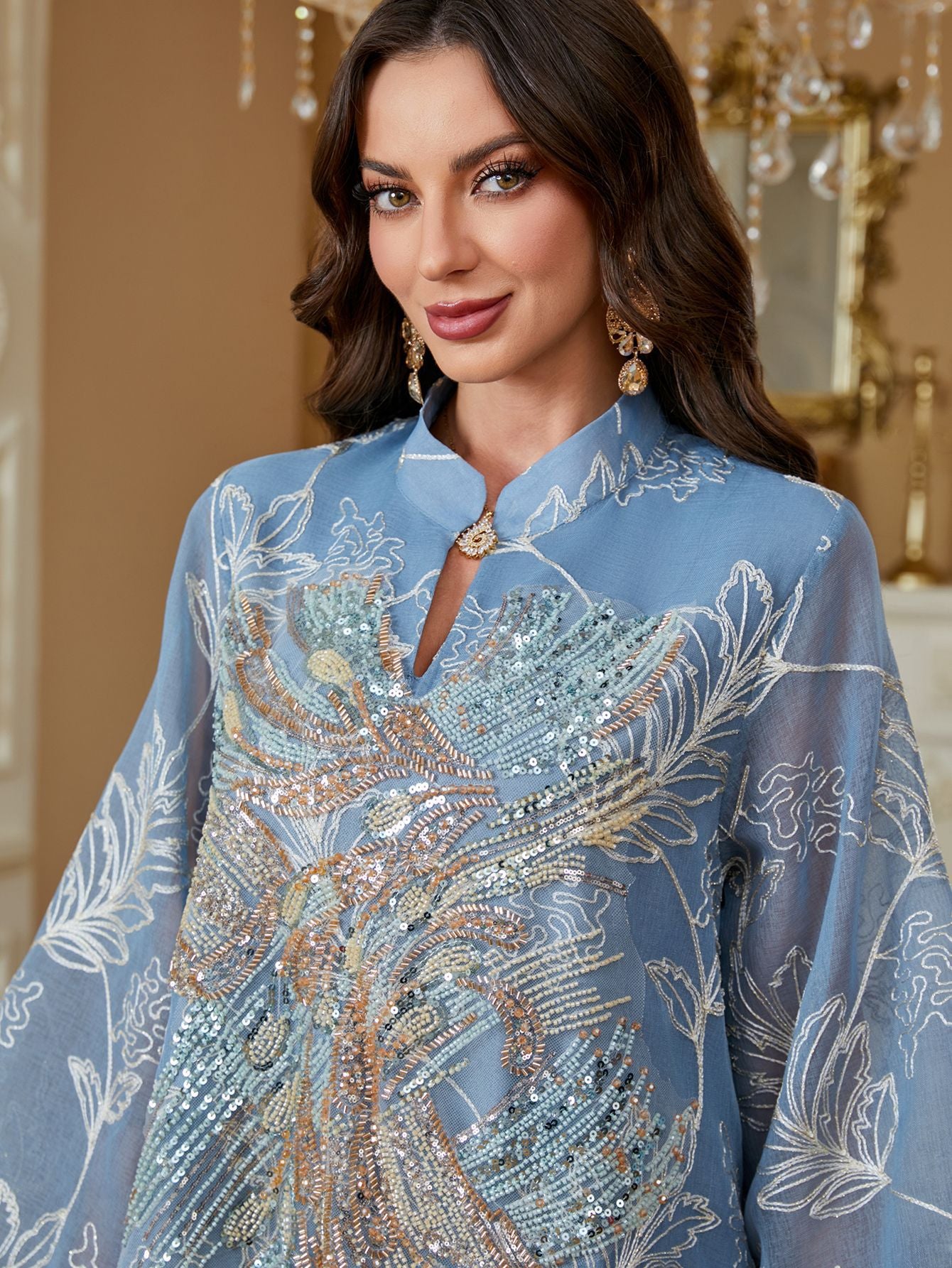 Elegant Oversized Wide Flare Sleeve Muslim Long Robe For Ladies Handcrafted Phoenix Sequins Embroidery Light See-through Leaf Print Abaya Four Shades Formal Ceremony Gown