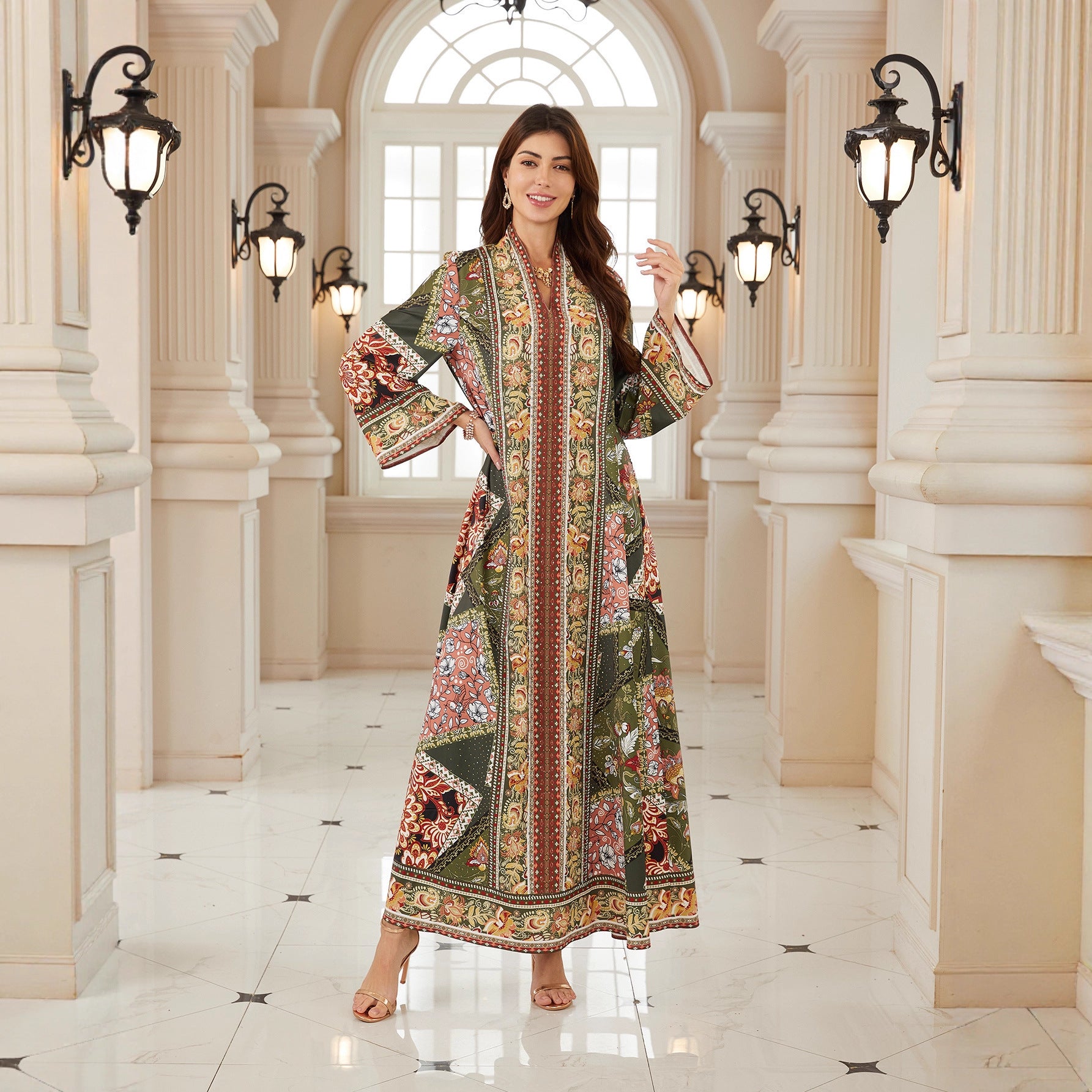 Bohemian Floral Spring Kaftan – Modest Muslim Long-Sleeve Maxi
