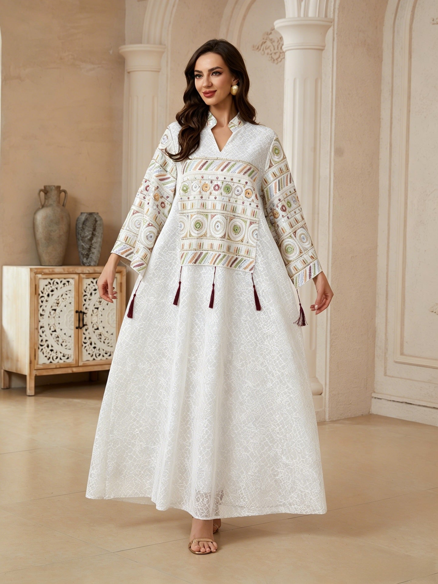 Women Off White Crack Textured Jacquard Heritage Geometric Embroidery Luxury Beaded Tassel Split Stand Collar Flare Sleeve Moroccan Caftan Loose Full Length Gulf Modest Maxi Robe For Eid Al Fitr Nikkah Wedding