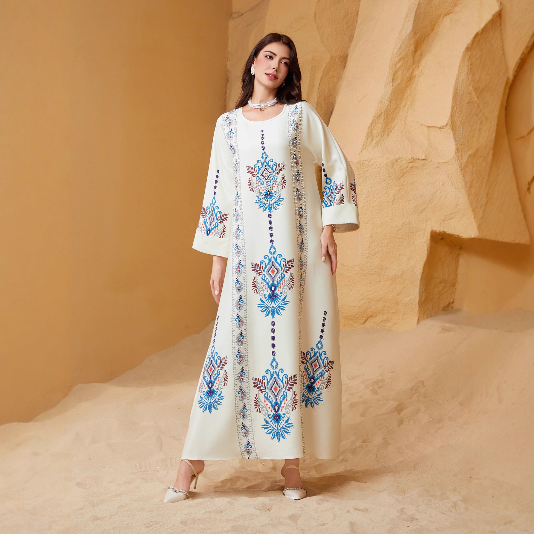 Ivory Printed Abaya Robe - Ethnic Style Modest Long Dress