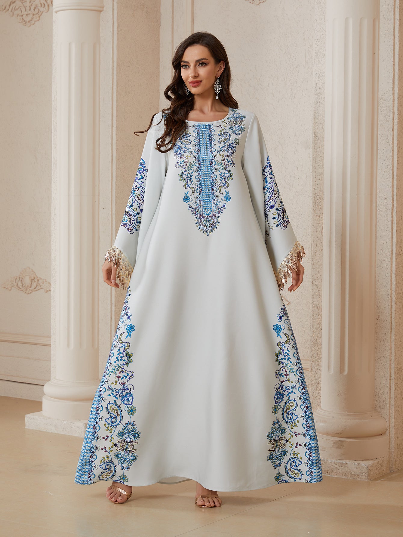 Women Stand Collar V Notch All-Around Floral Print Abaya Gold Sequin Fringe Wide Flare Sleeve Maxi Jalabiya Pastel Mint Silky Modest Gown For Eid Mubarak Ramadan Wedding Evening Party